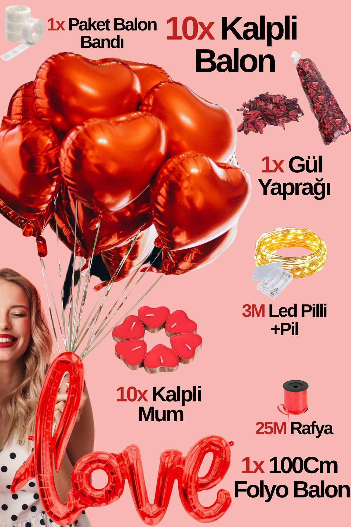 Baloncu Dede-10 Pieces Foil Heart Balloon Love Written Balloon 10 Heart Candle Helium Compatible Special Day Anniversary Dear 1