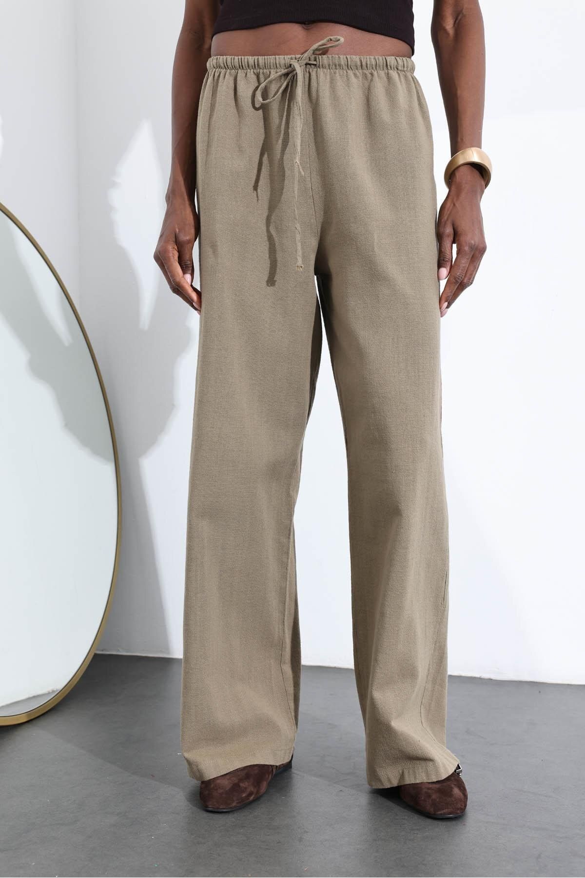 5in1Canpolat-Khaki Elastic Waist Cotton Linen Trousers 251005 4