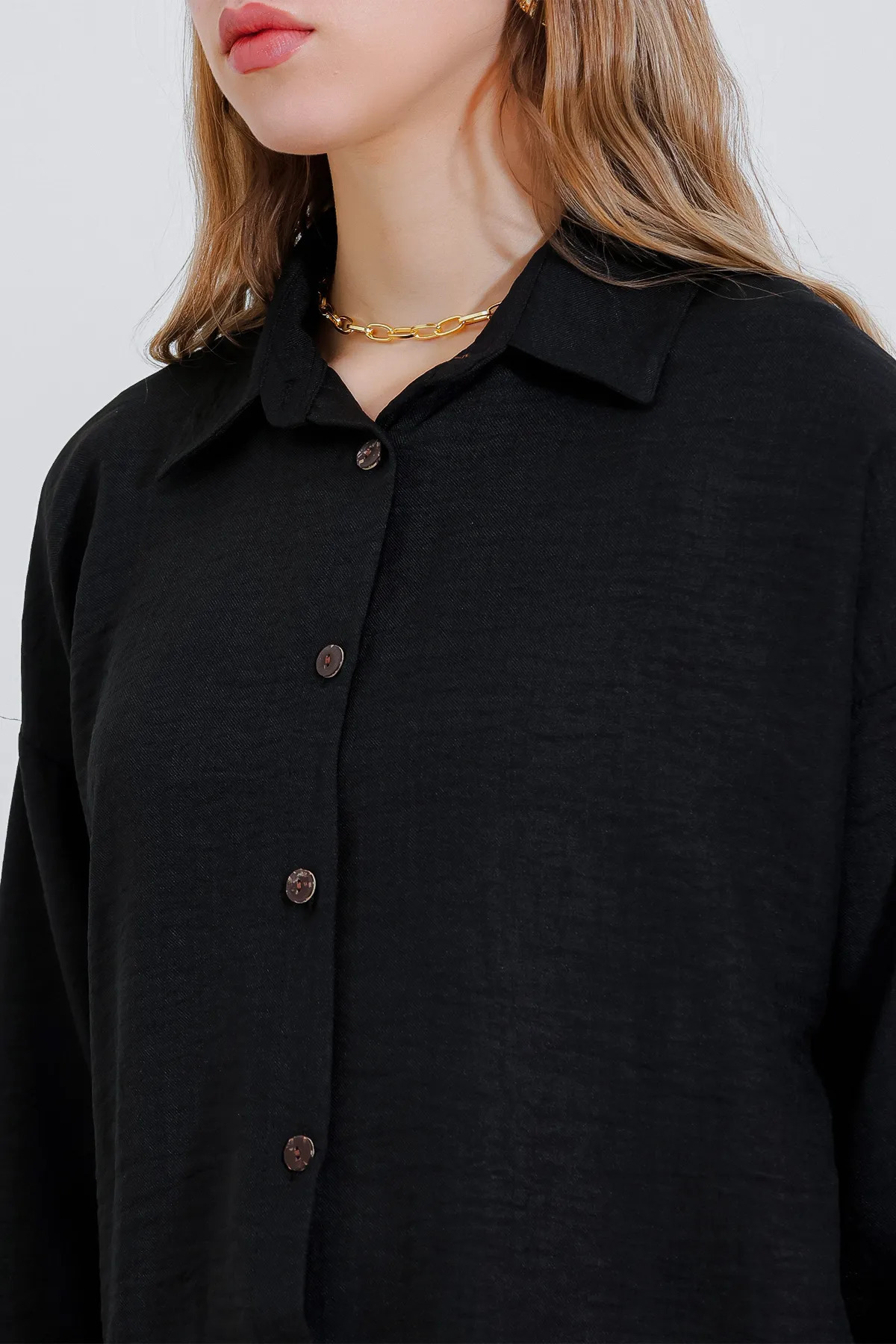 Cistern İstanbul-Women's Black Linen Oversize Shirt Pants Double Set 4