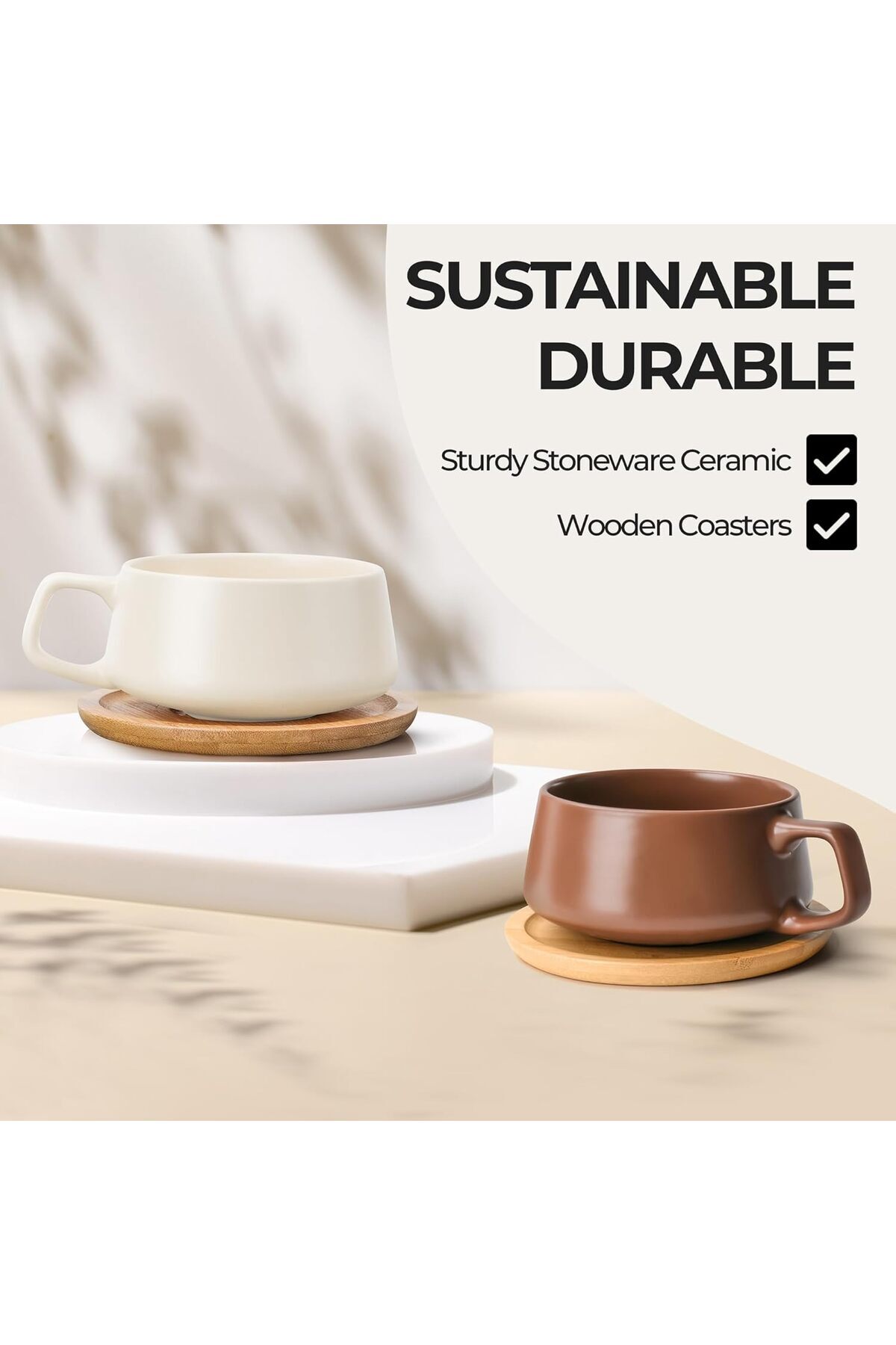 MIAMIO-320 ml., Set of 4 Ceramic Tea Cup and Saucer Bamboo/Tea Mug - Wide Cappuccino Cup, Coffee Cups 5