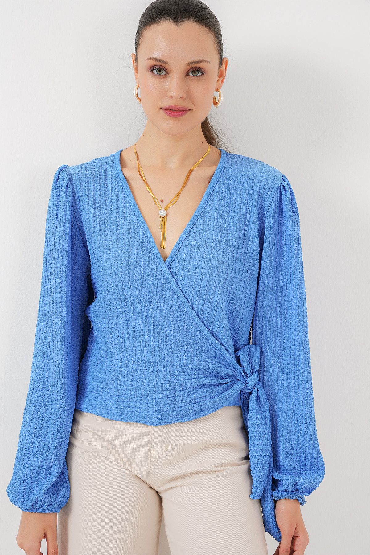 Bigdart-Blue Wrap Knitted Blouse - 0441 3