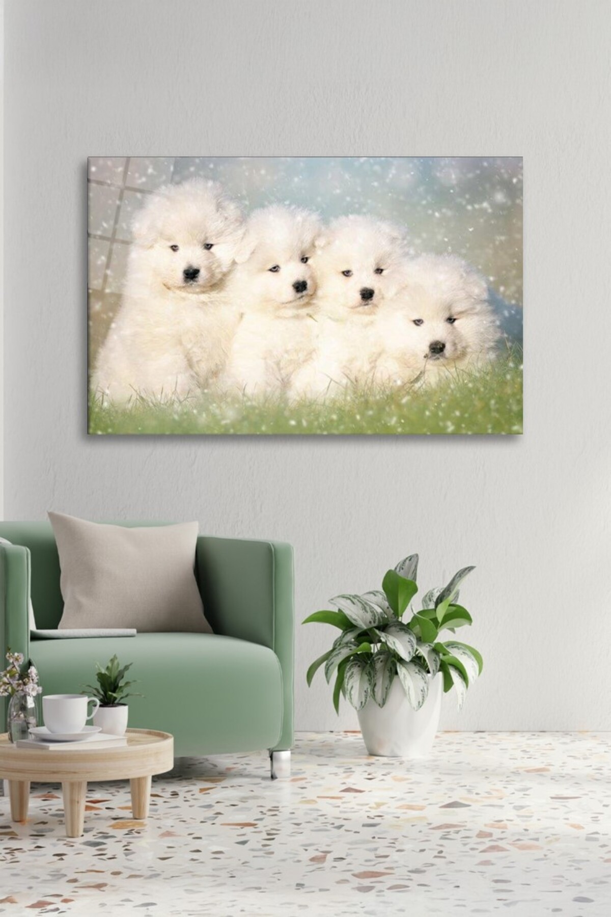 Beyaz Yavru Köpekler Cam Tablo görsel 3
