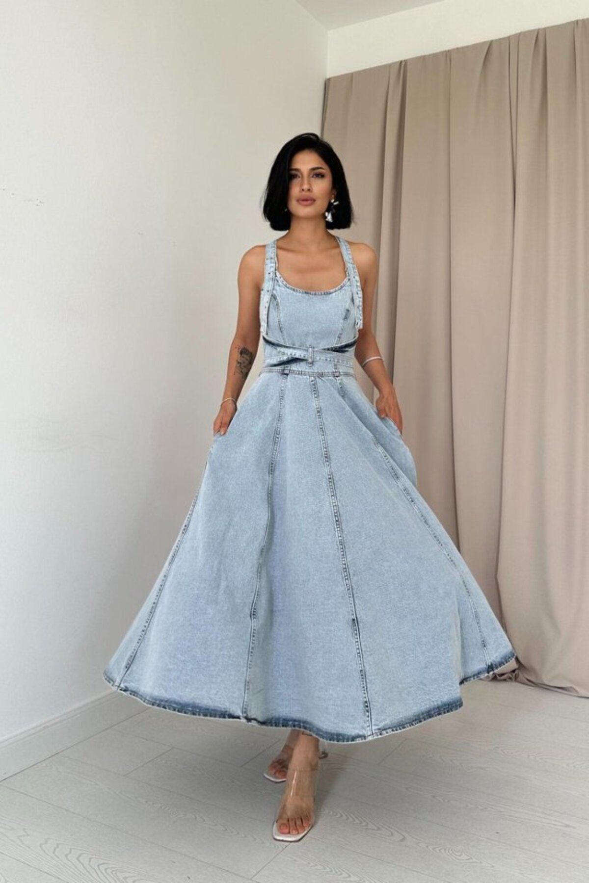 MRA Fashion Kar Yıkama Midi Boy Bantlı Kot Elbise