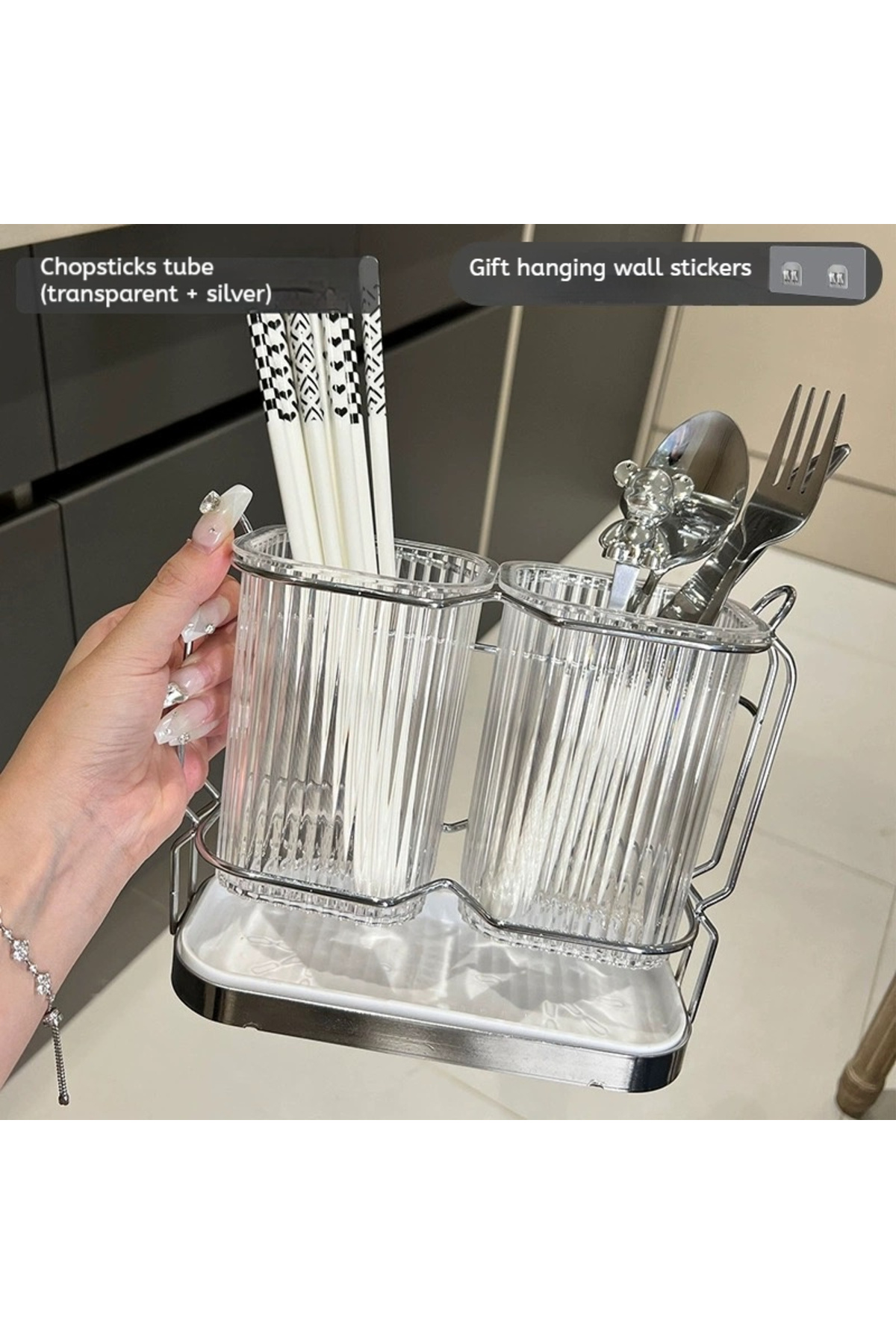 Choice-Clear Wall Mounted Kitchen Cutlery Organizer Light Luxury Chopstick Spoon Holder Stainless Steel Ute 1