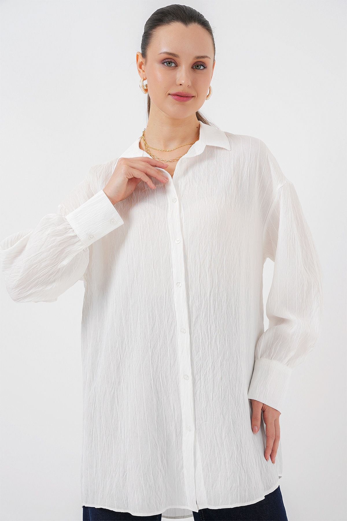 Bigdart-Gestreifte lange Hemdtunika für Damen 5963 – Weiß 3