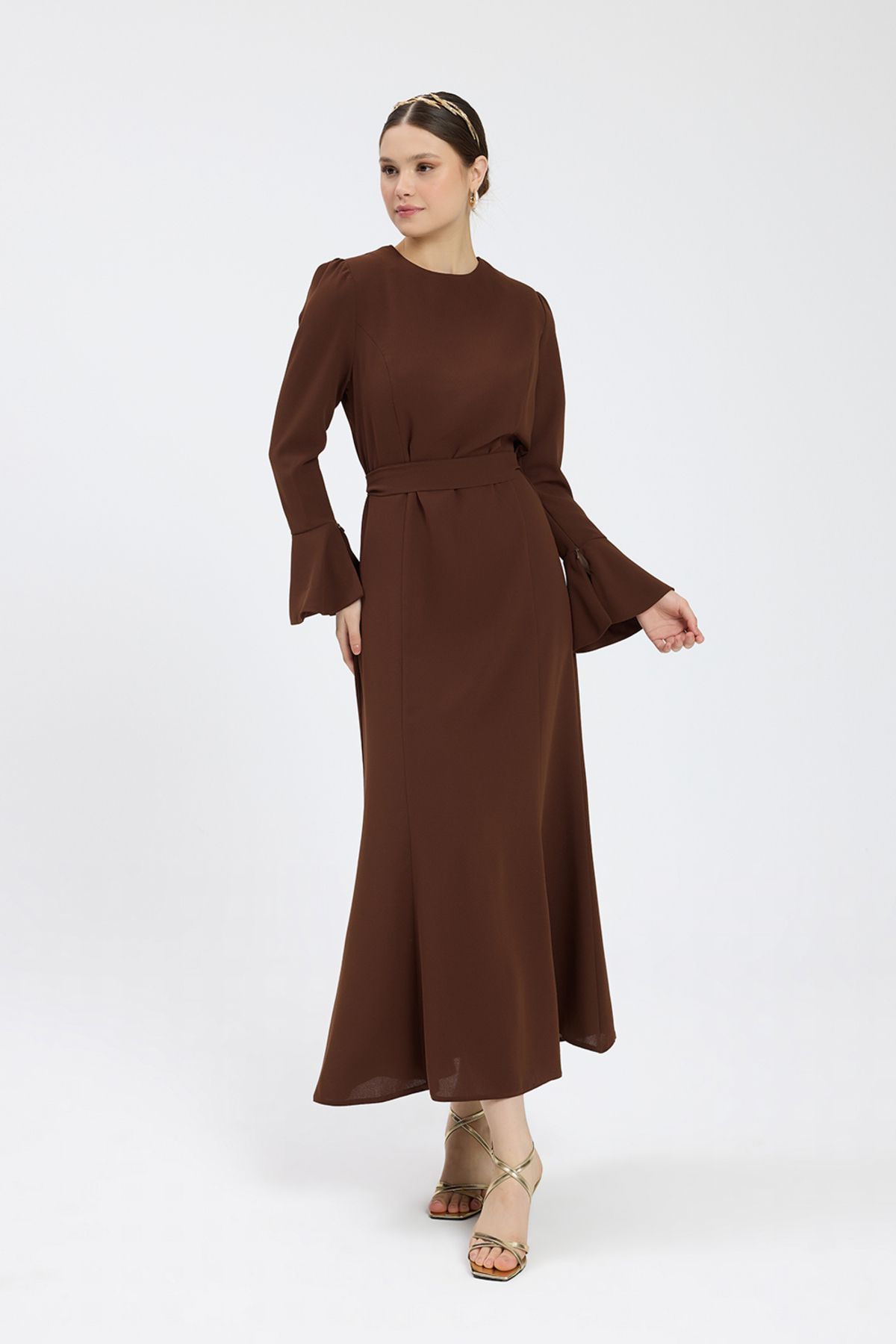 Birgül Bektaş-Brown Belted Crepe Dress 5