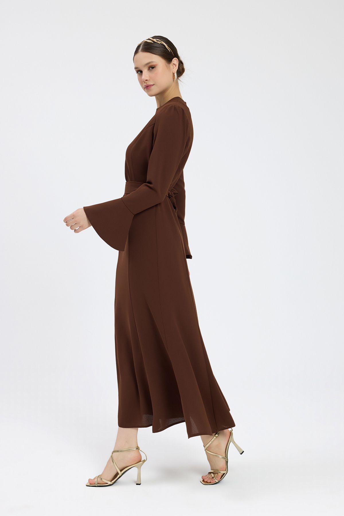 Birgül Bektaş-Brown Belted Crepe Dress 6