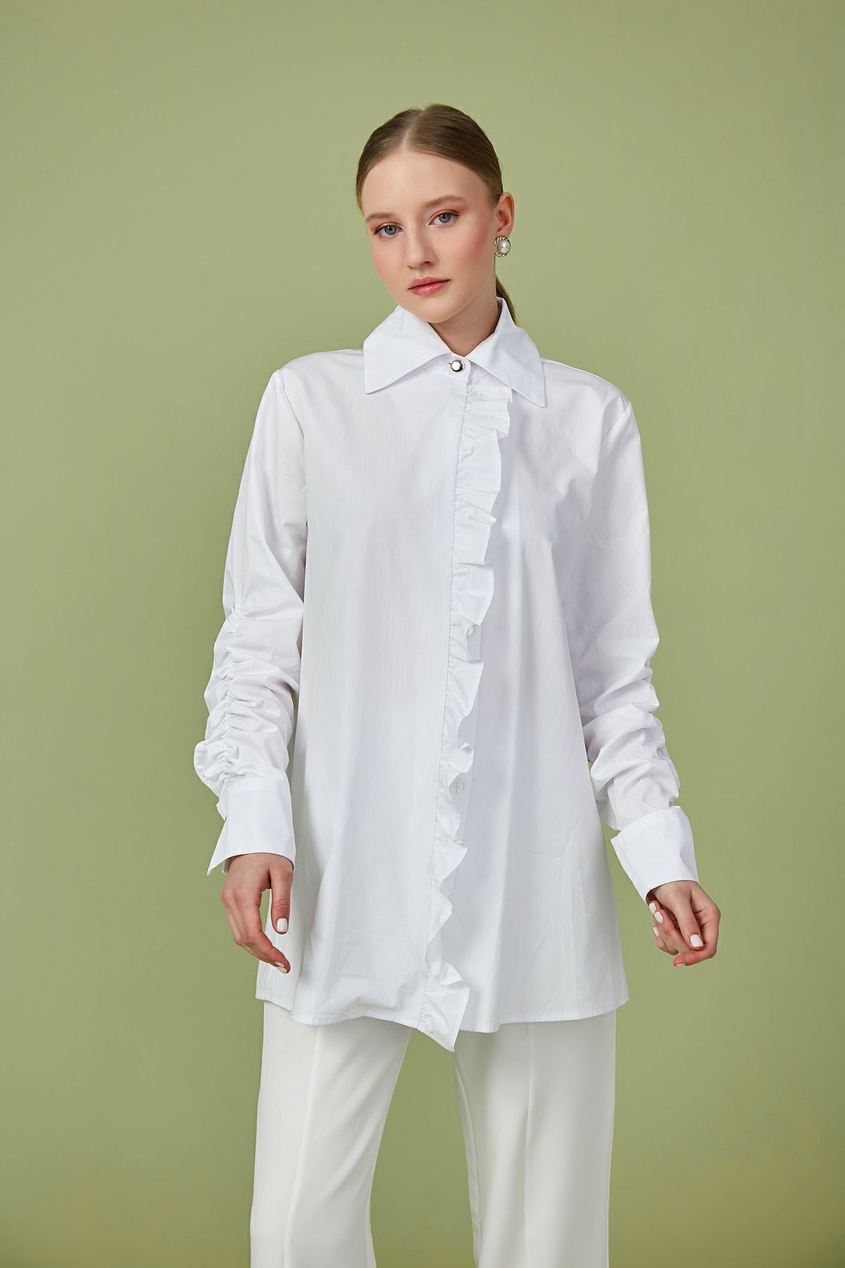 Birgül Bektaş-Poplin Tunic - White and Ruffle Detailed 8