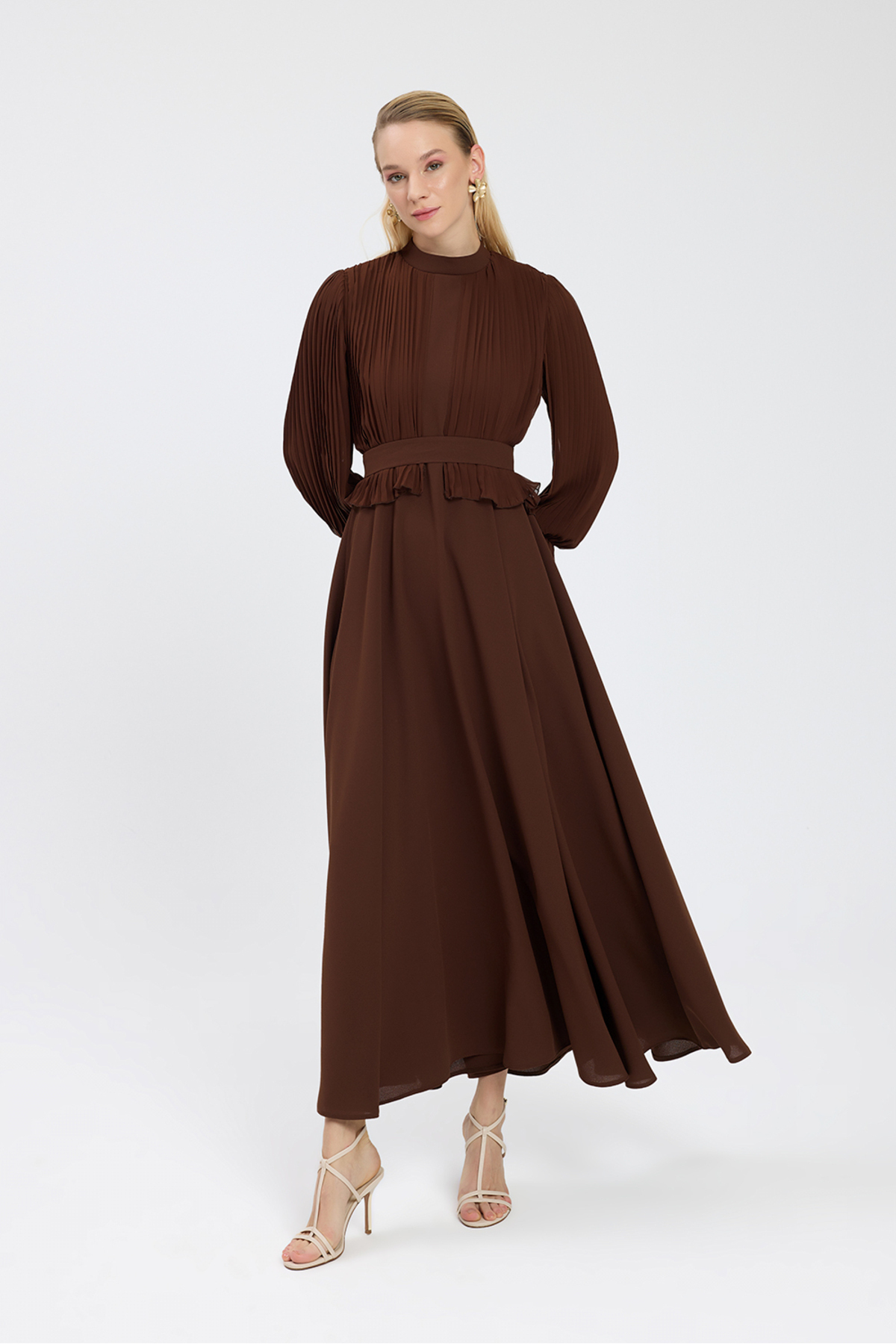 Brown Size Pleated Crepe Chiffon Dress