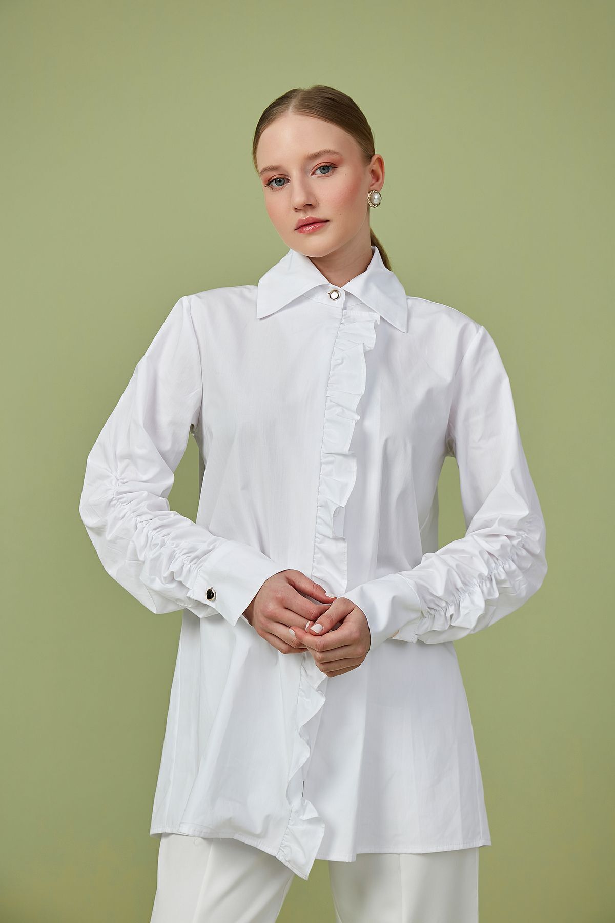 Birgül Bektaş-Poplin Tunic - White and Ruffle Detailed 3