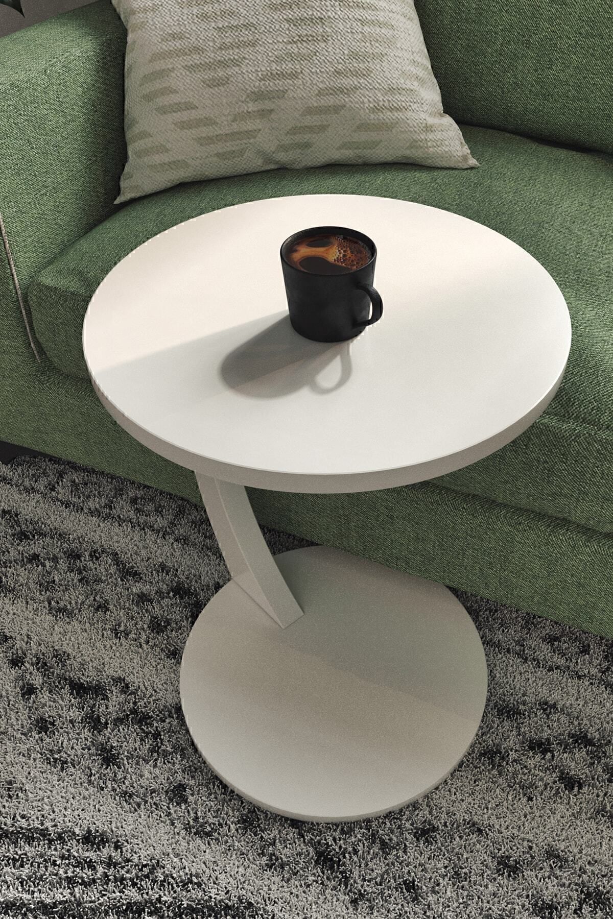 interGO-C-shaped Round End Table With Rolling Wheels - White 2