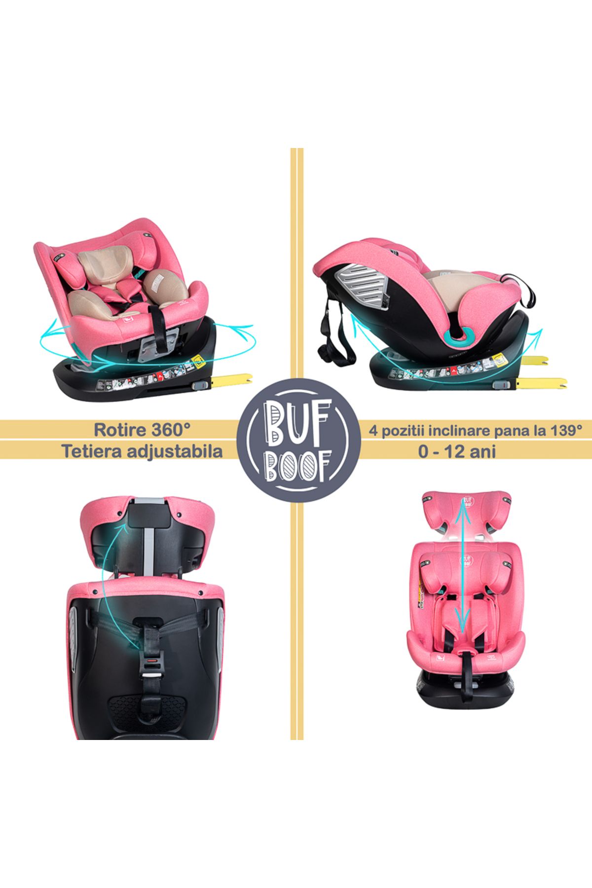 BUF BOOF-Saphir Car Seat DELUXE BUF BOOF iSIZE UnicornPink Isofix sleeping position 165 degrees rotating 40-150 cm 8