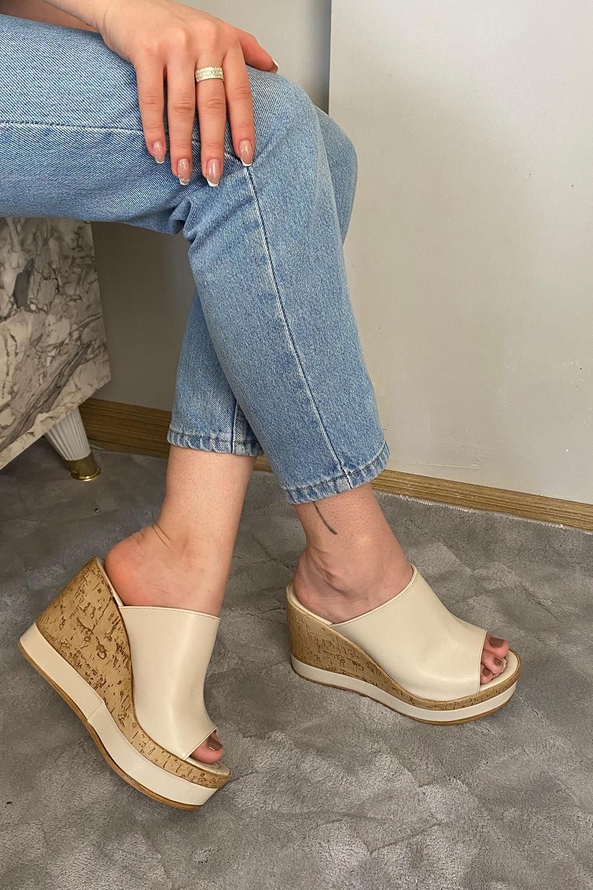 Preshley-Women's Morgan Beige Skin 10 cm Padded Cork Sole Stripe Wrapped Slippers K-500 3