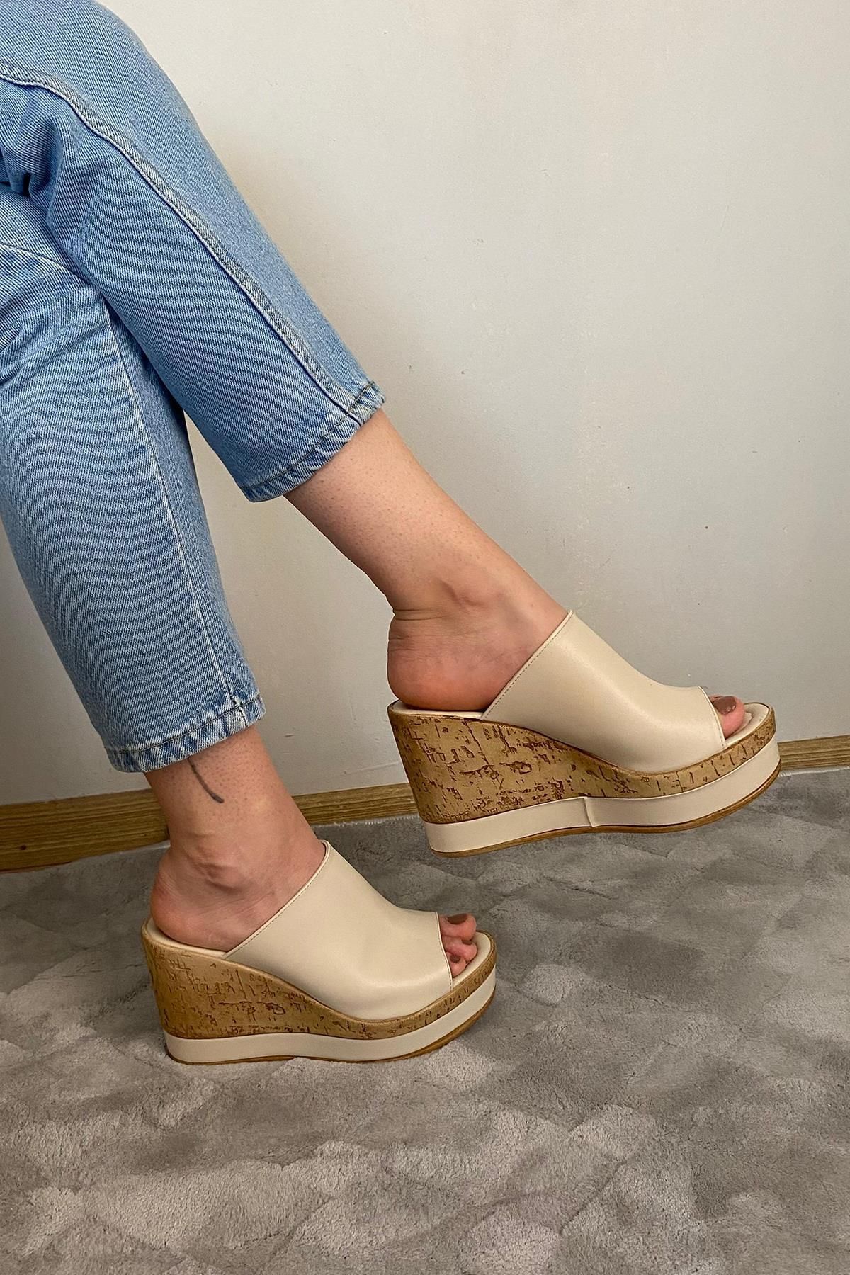 Preshley-Women's Morgan Beige Skin 10 cm Padded Cork Sole Stripe Wrapped Slippers K-500 4