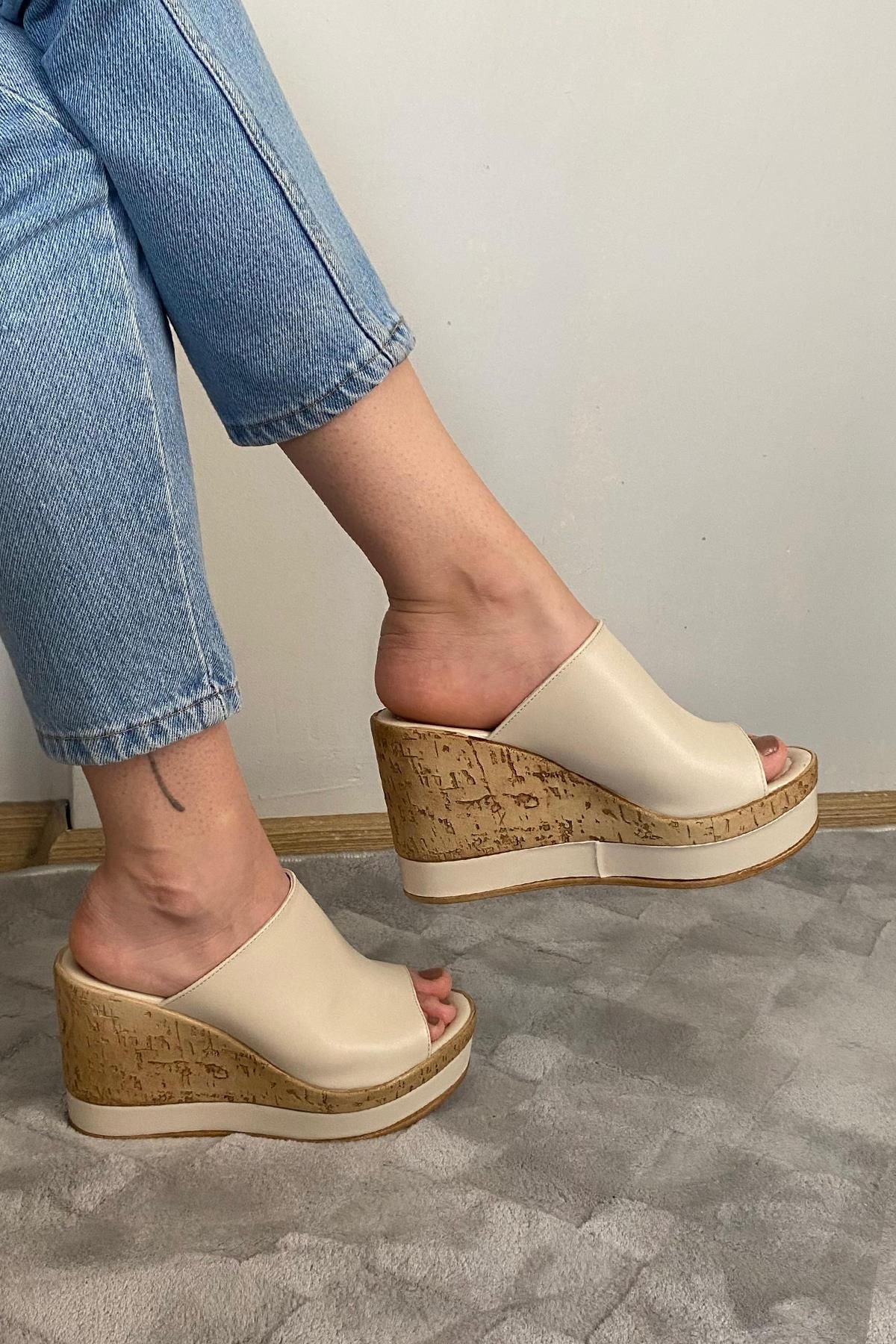 Preshley-Women's Morgan Beige Skin 10 cm Padded Cork Sole Stripe Wrapped Slippers K-500 2