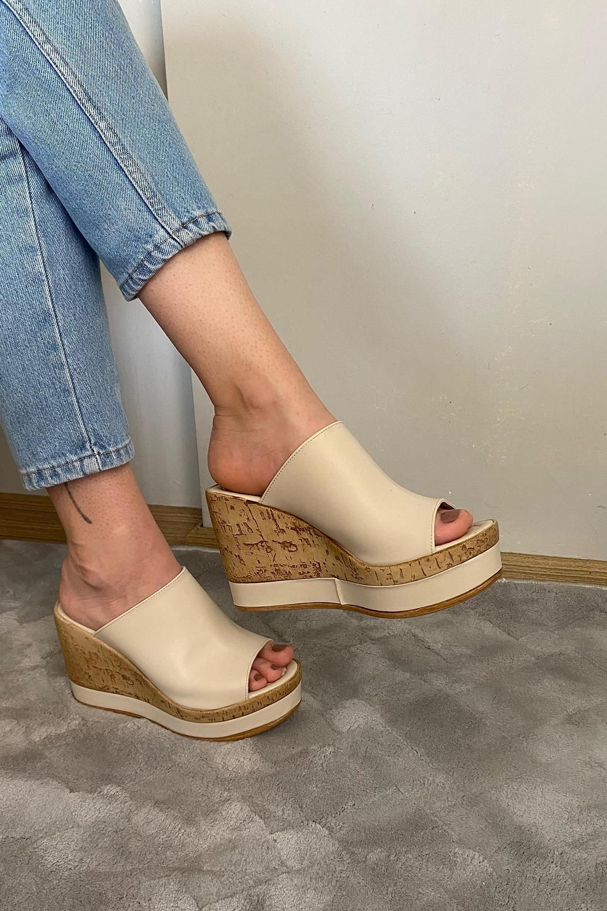 Preshley-Women's Morgan Beige Skin 10 cm Padded Cork Sole Stripe Wrapped Slippers K-500 5