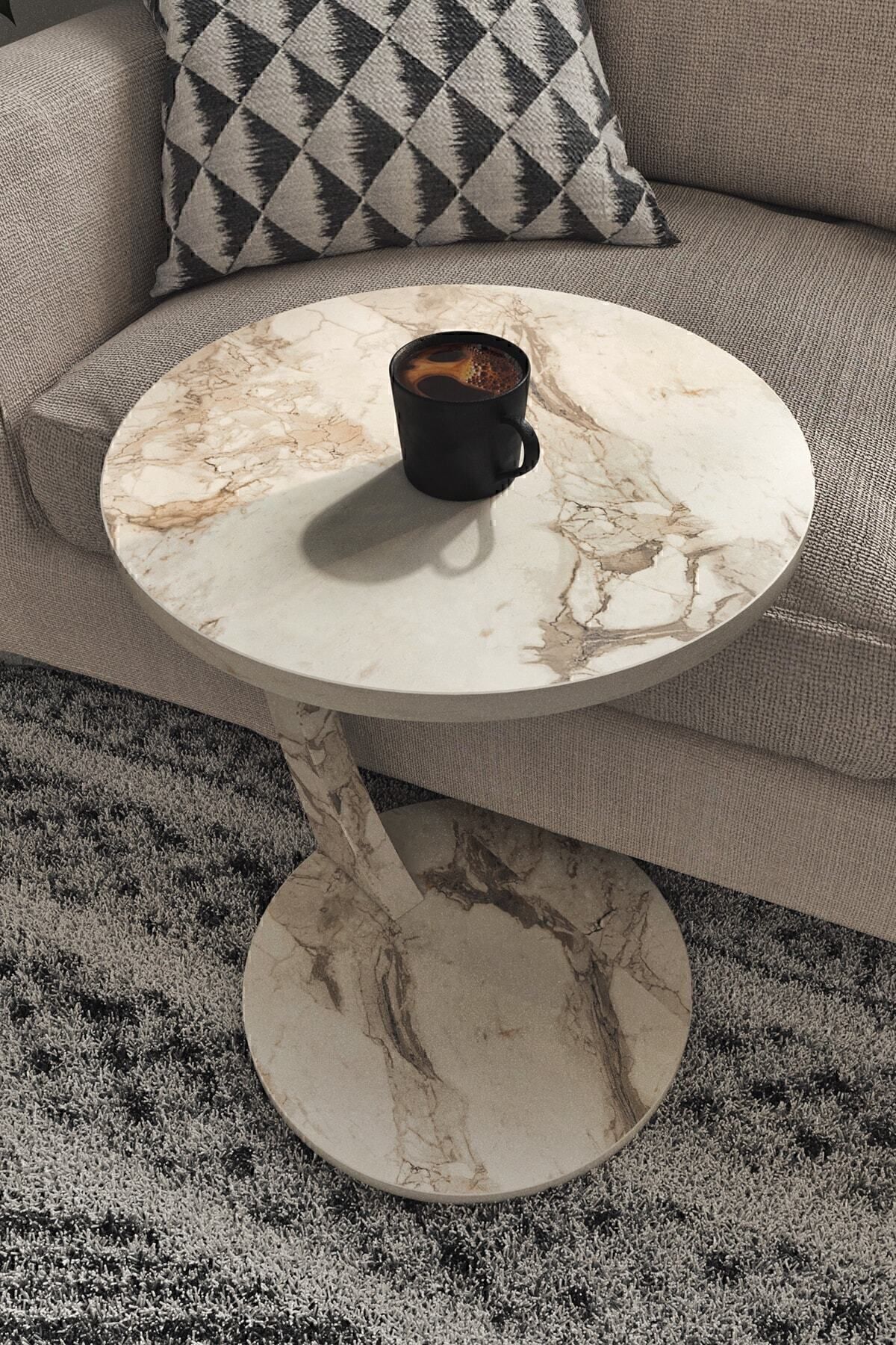 interGO-C-shaped Round End Table With Rolling Wheels - White Marble Pattern 4
