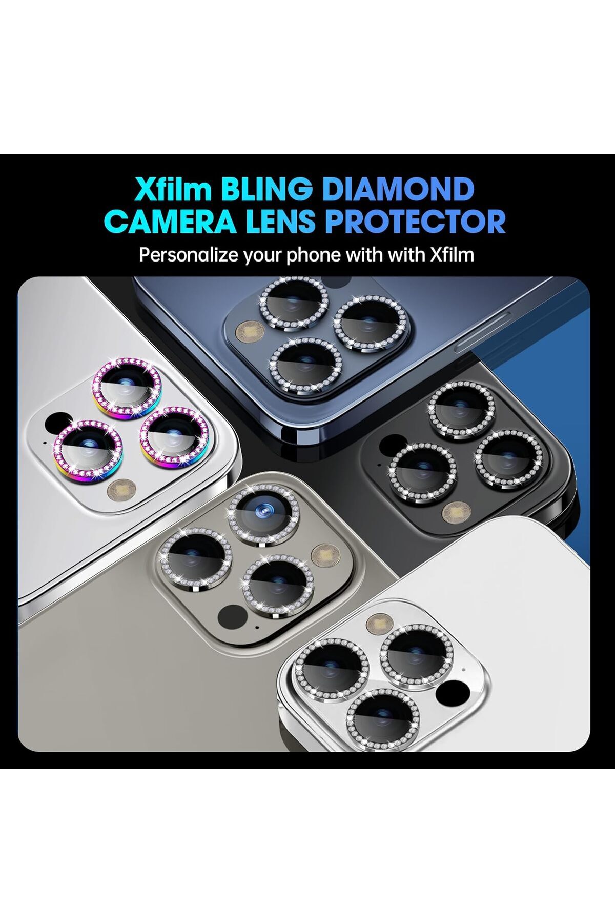 AWH-iPhone 15 Pro/Pro Max Camera Lens Protector, Bling Metal Diamond Ring, 9H Scratchproof (Gray) 5