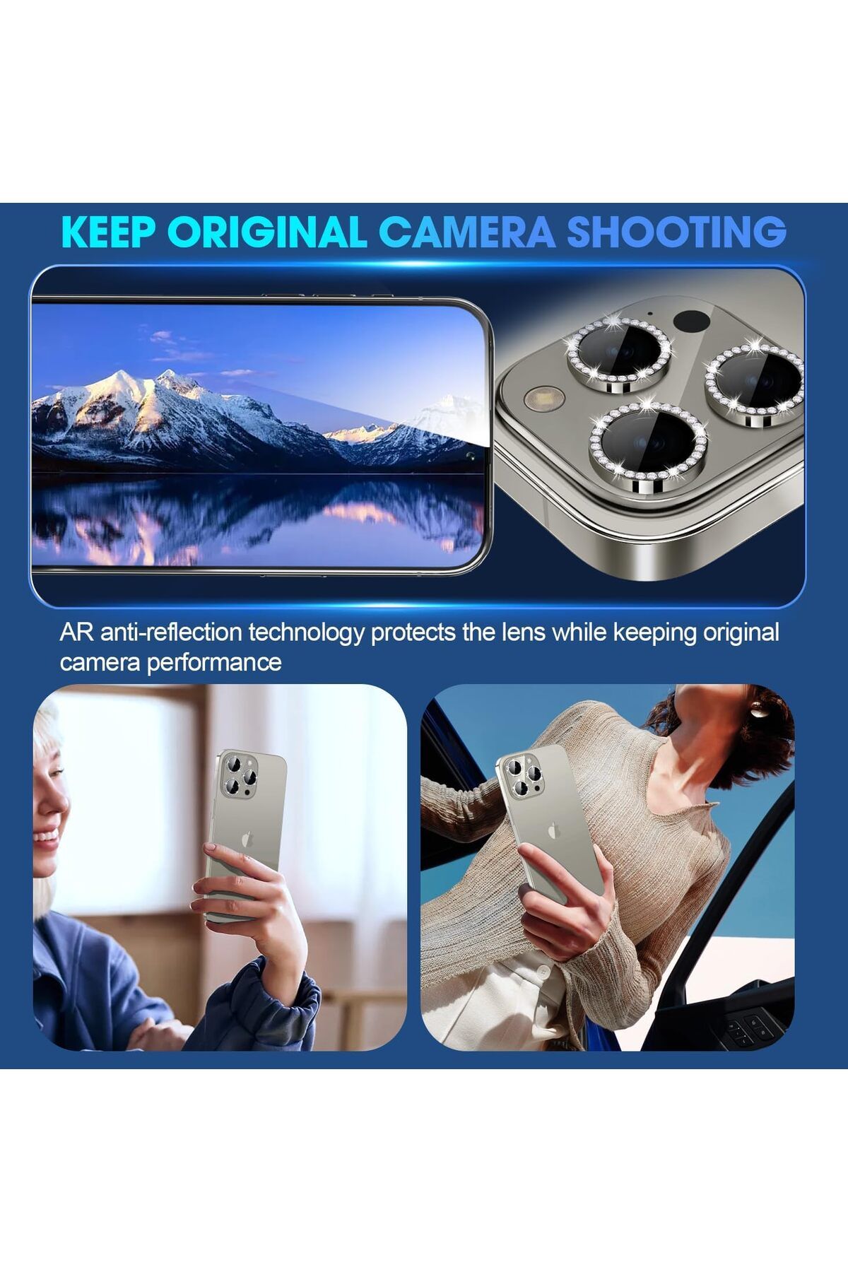 AWH-iPhone 15 Pro/Pro Max Camera Lens Protector, Bling Metal Diamond Ring, 9H Scratchproof (Gray) 4