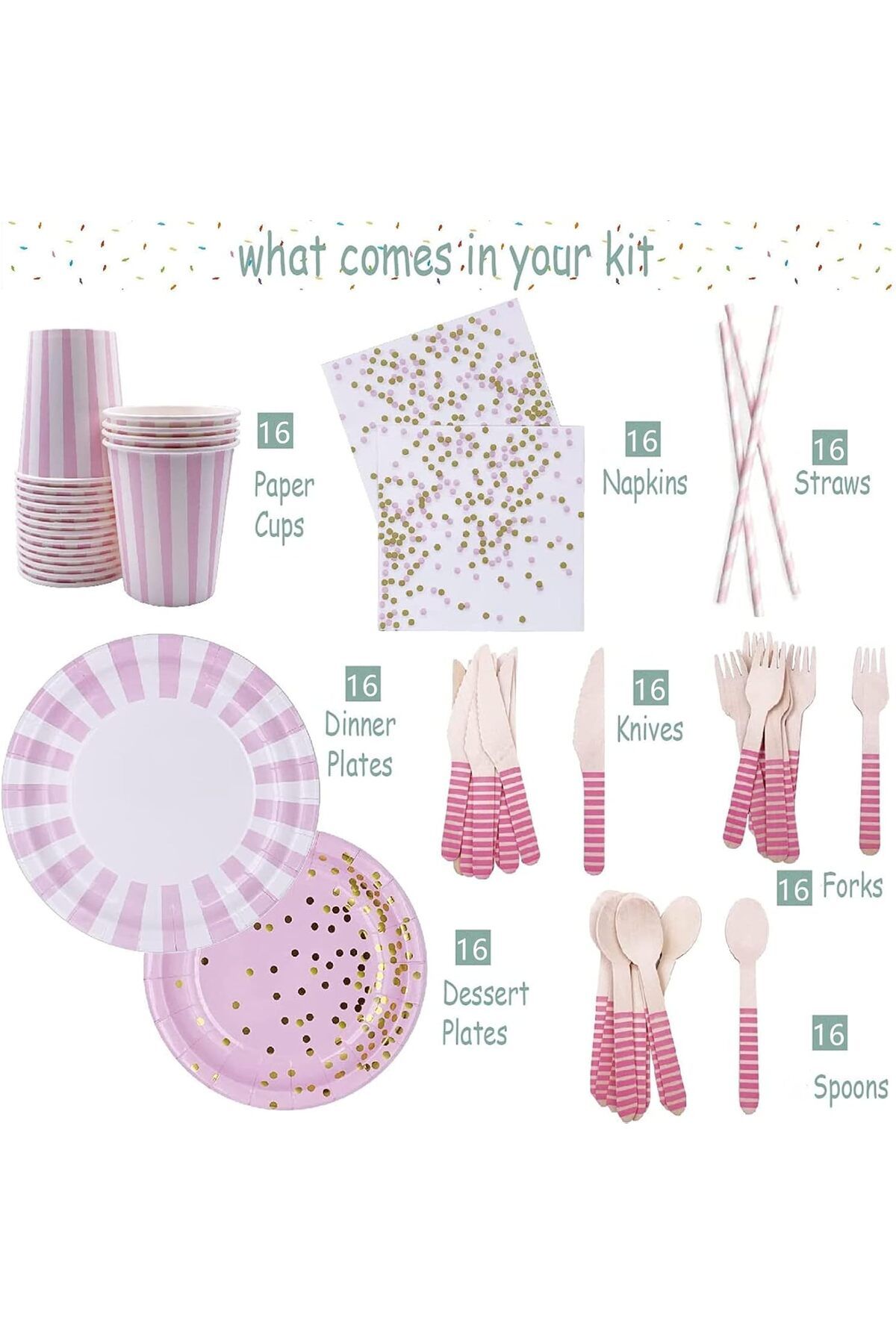 COOYA-128Pcs Pink Dot Disposable Tableware, Party Supplies, for Wedding Baby Shower Bridal Shower 3