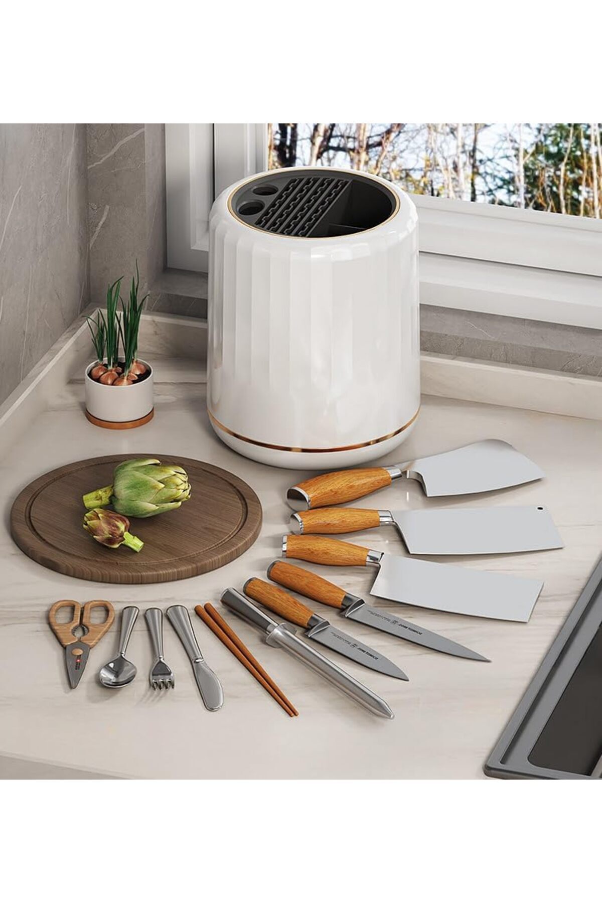 COOYA-Rotating Knife Holder with Drain Tray for Kitchen,3 in 1 Multi-function Flatware Utensil Drying Rack 7