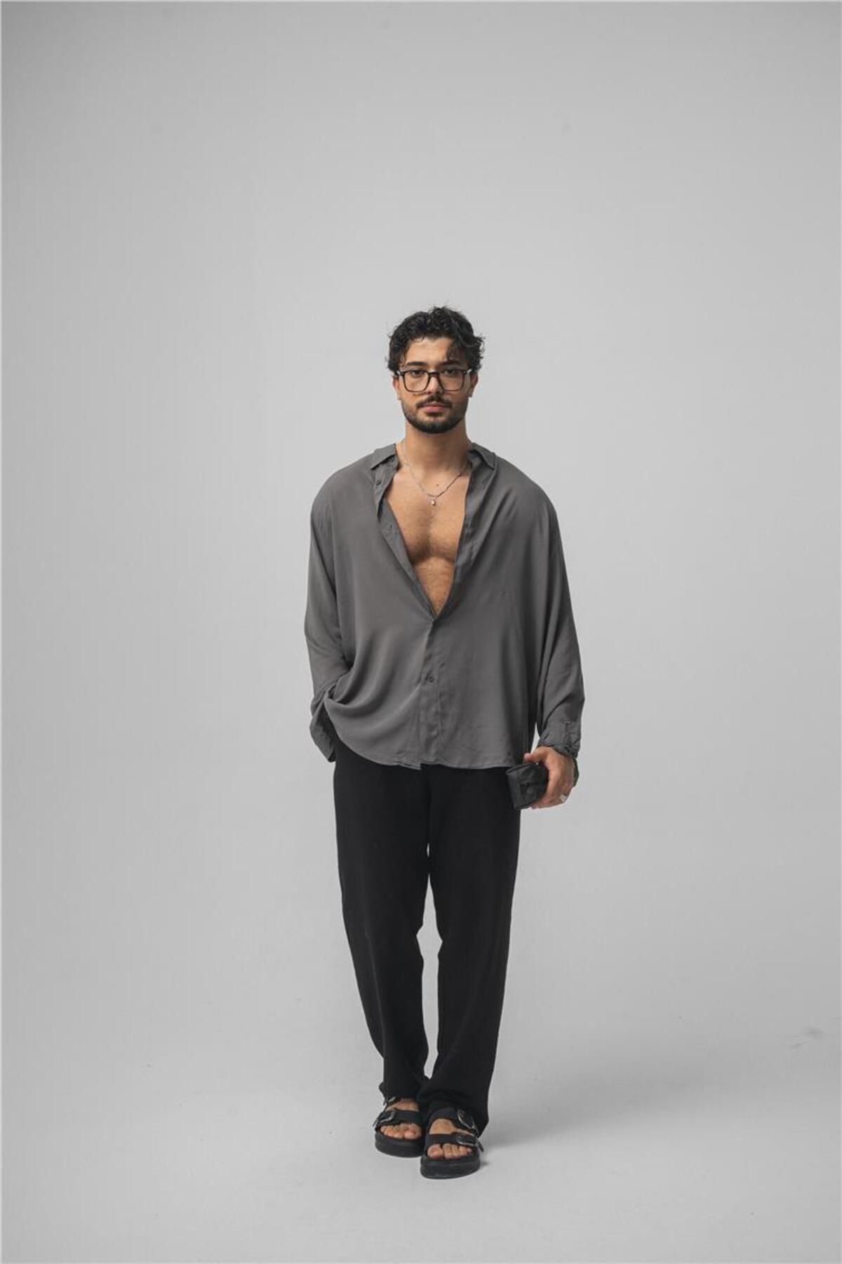 OUTFİT MAN-Men's Draped Oversize Shirt Anthracite 6