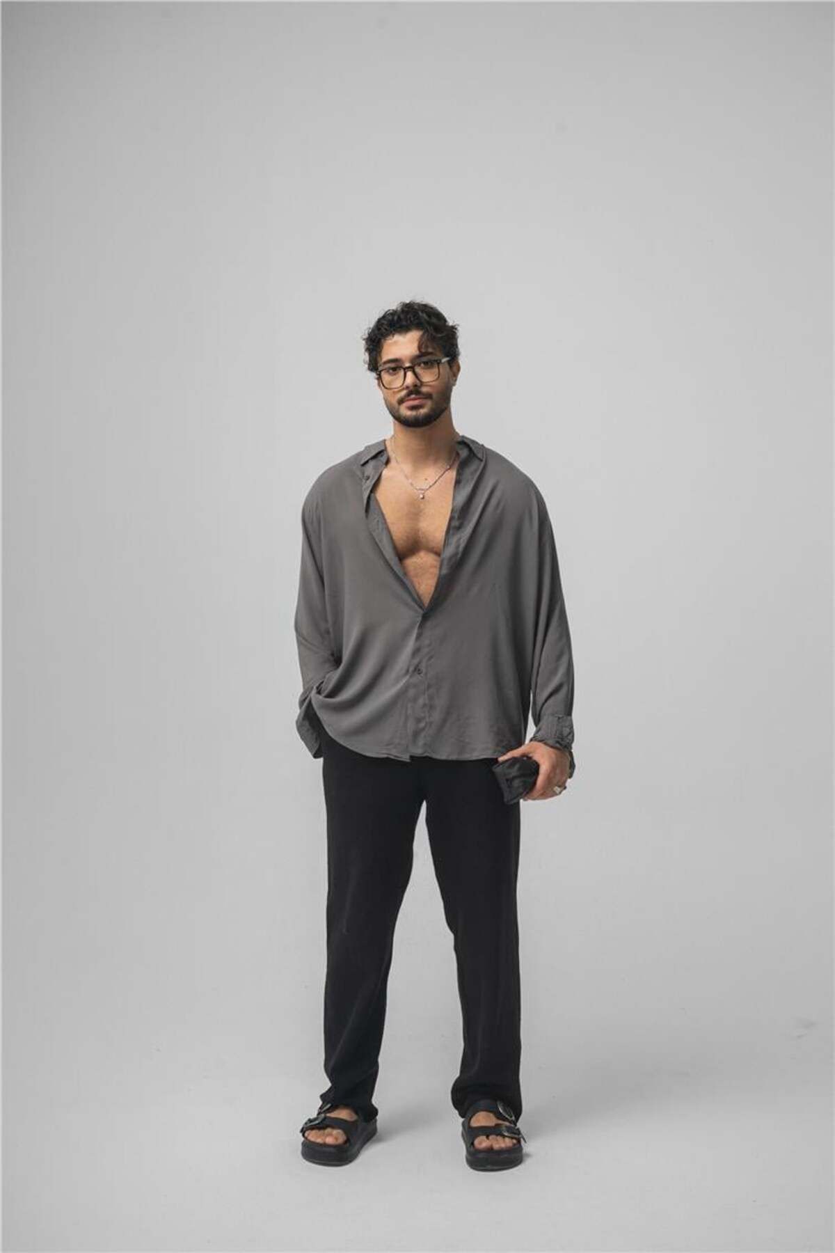 OUTFİT MAN-Men's Draped Oversize Shirt Anthracite 3