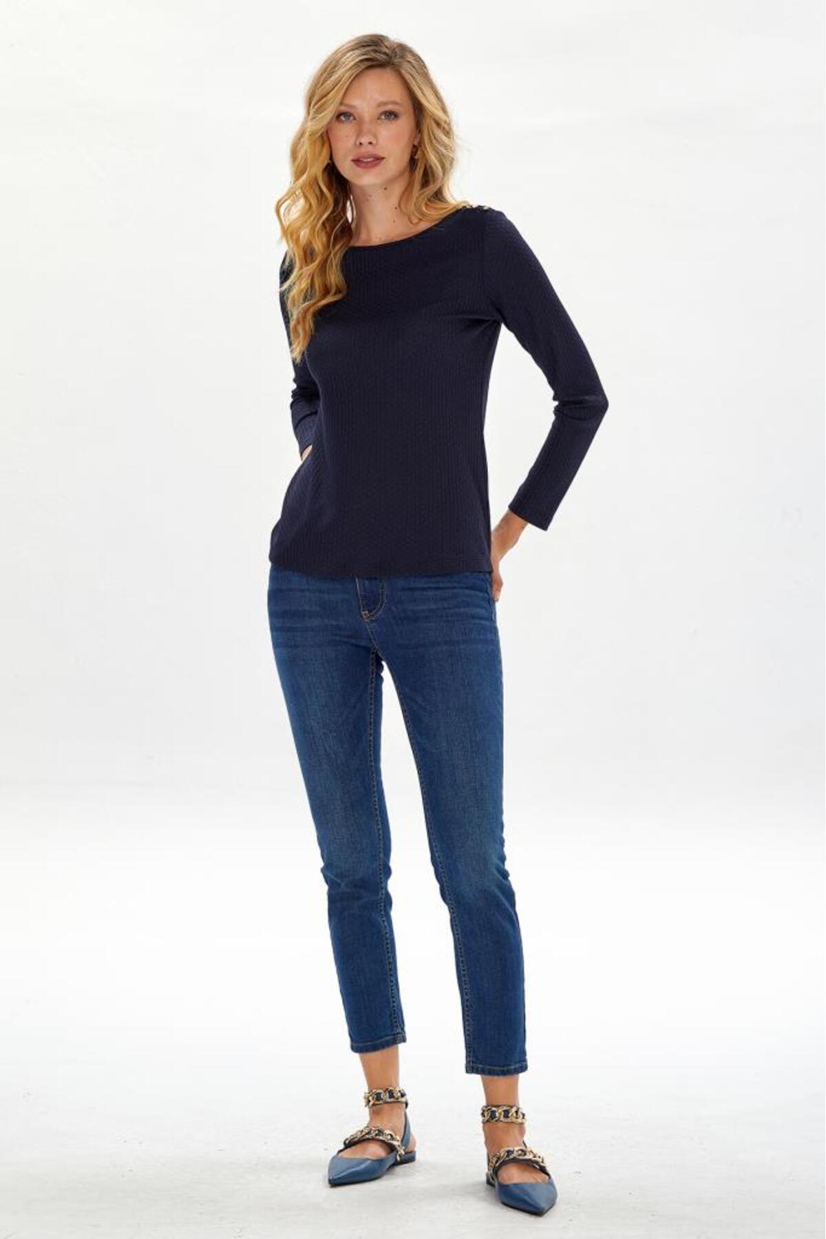 İkiler  Bisiklet Yaka Tek Omuzu Düğmeli Bluz 234-1206 - Görsel 2