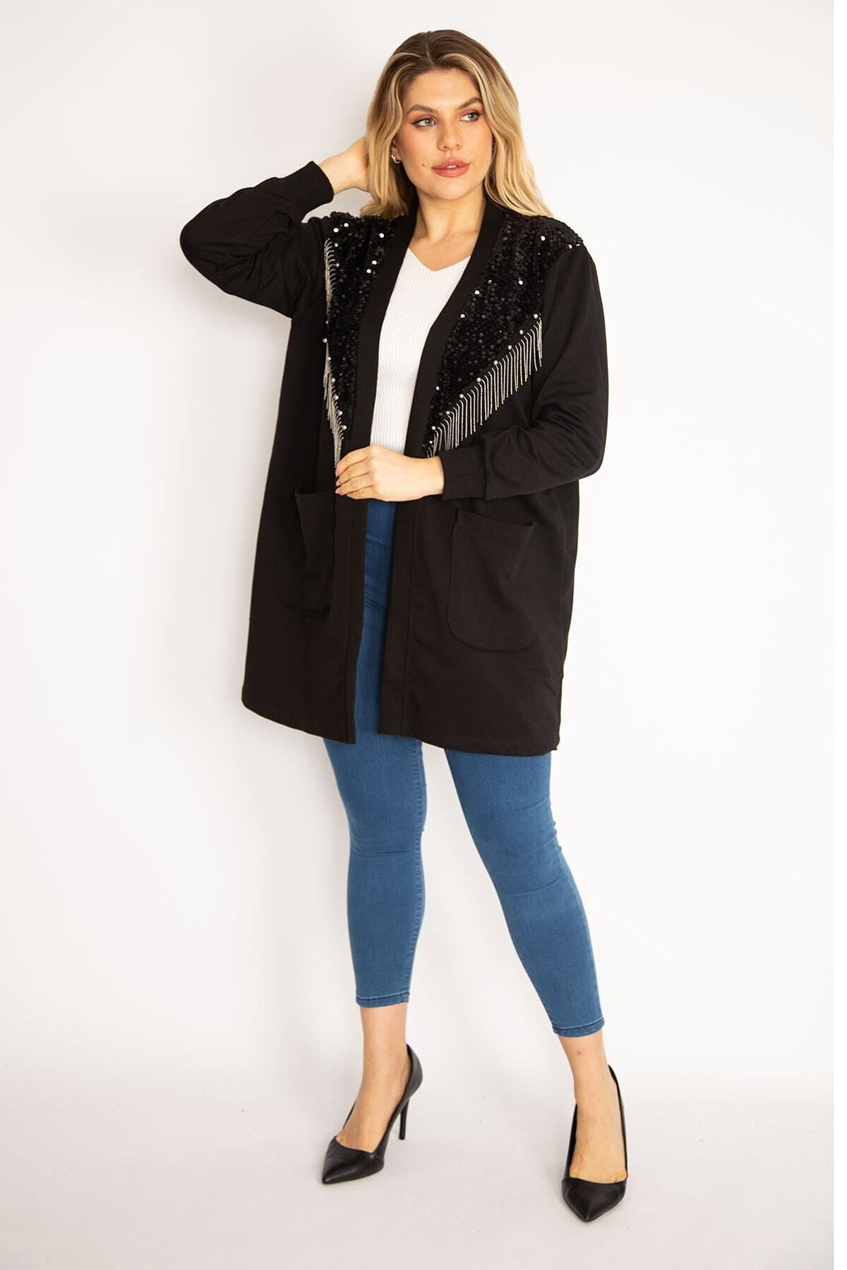 Şans-Große ungefütterte Damenjacke in Schwarz mit Pailletten und Kettenzubehör 65n35139 6