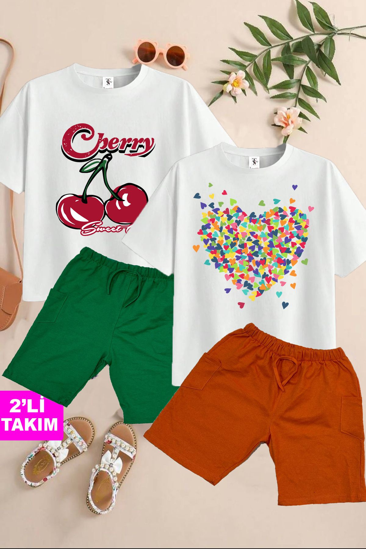 twins tailors Set De 2 Bucăți De Vară Cu Imprimeu Cireșe-tricou Și Pantaloni Scurți Pentru Fete Unisex - 10–11 years