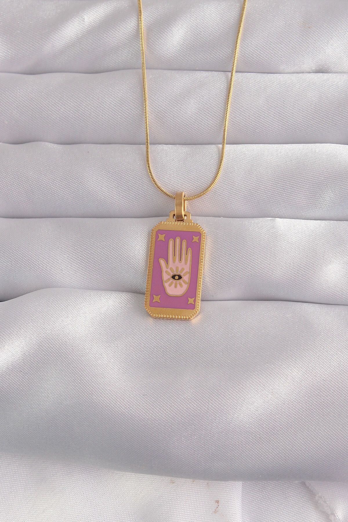 karadağsb 316L Çelik Gold Renk Mor Mineli El Figür Tarot Kolye - Tj-Bko9034