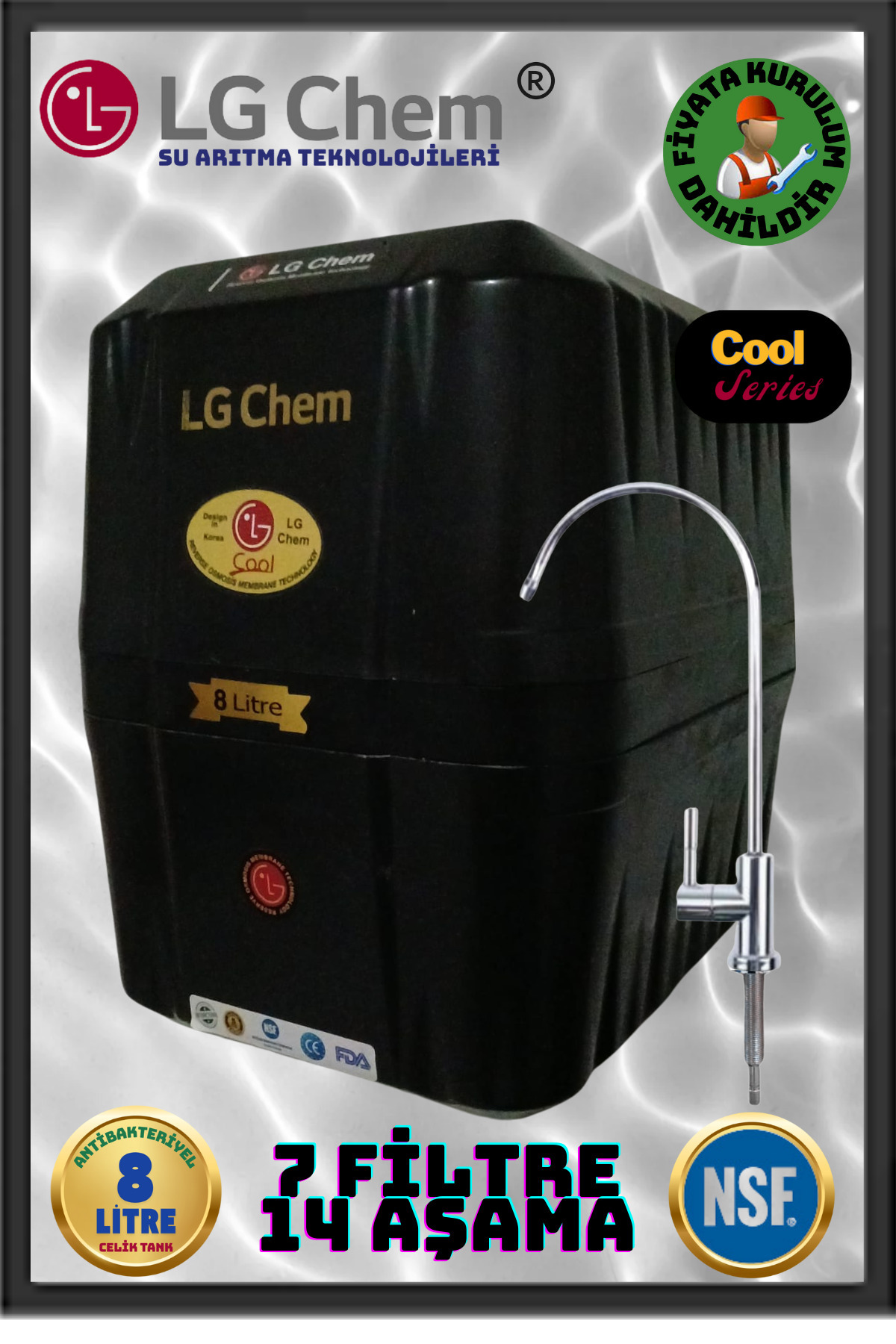 LG Chem Cool Montaj Dahil Siyah Renk 14 Aşamalı 7 Filitreli 8 Litrelik Su Arıtma Cihazı Duş Başlığı Hediyeli