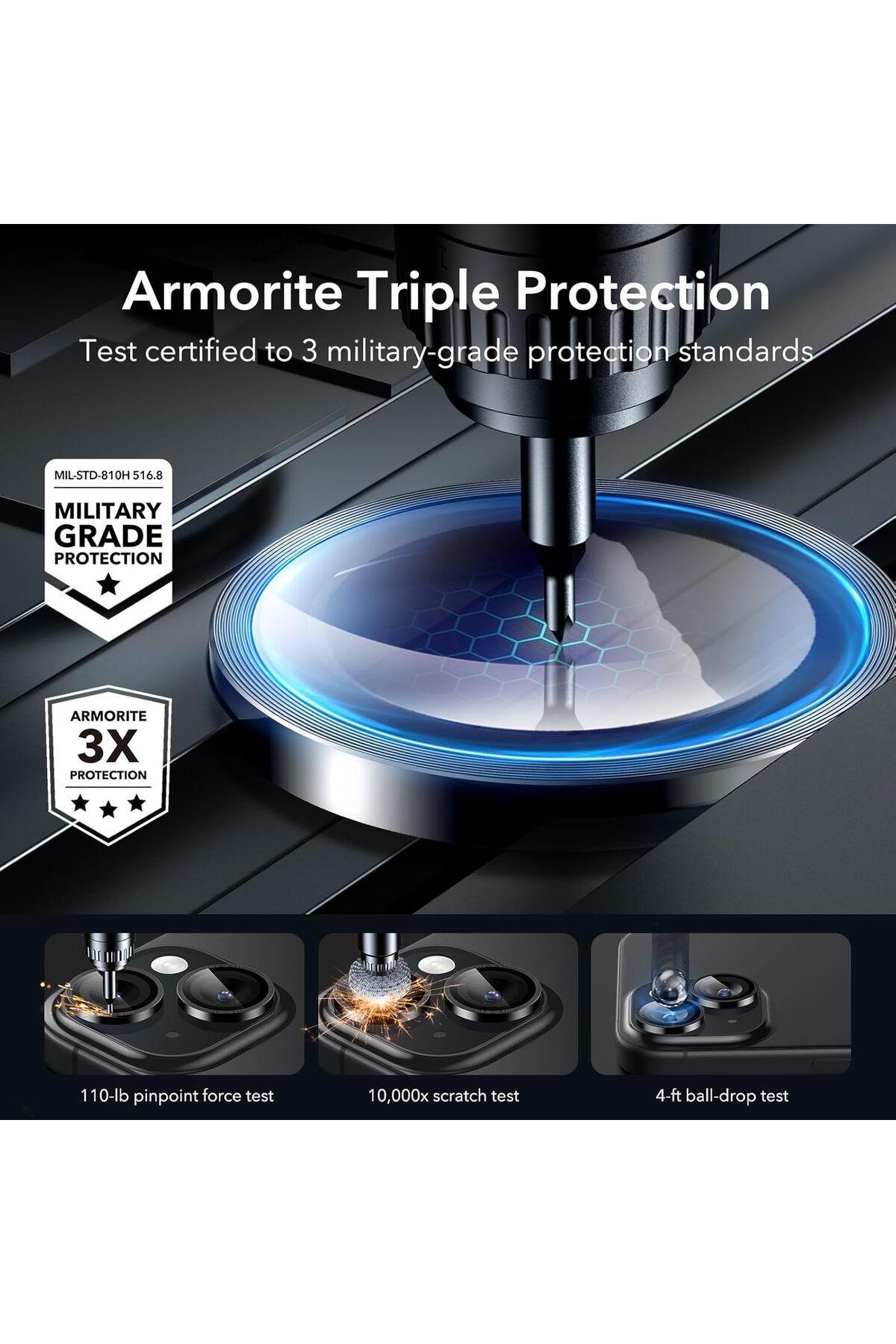 AWH-واقي عدسة الكاميرا لهاتف iPhone 15/15 Plus/14/14 Plus، مقاوم للخدش من Armorite (أسود) 3