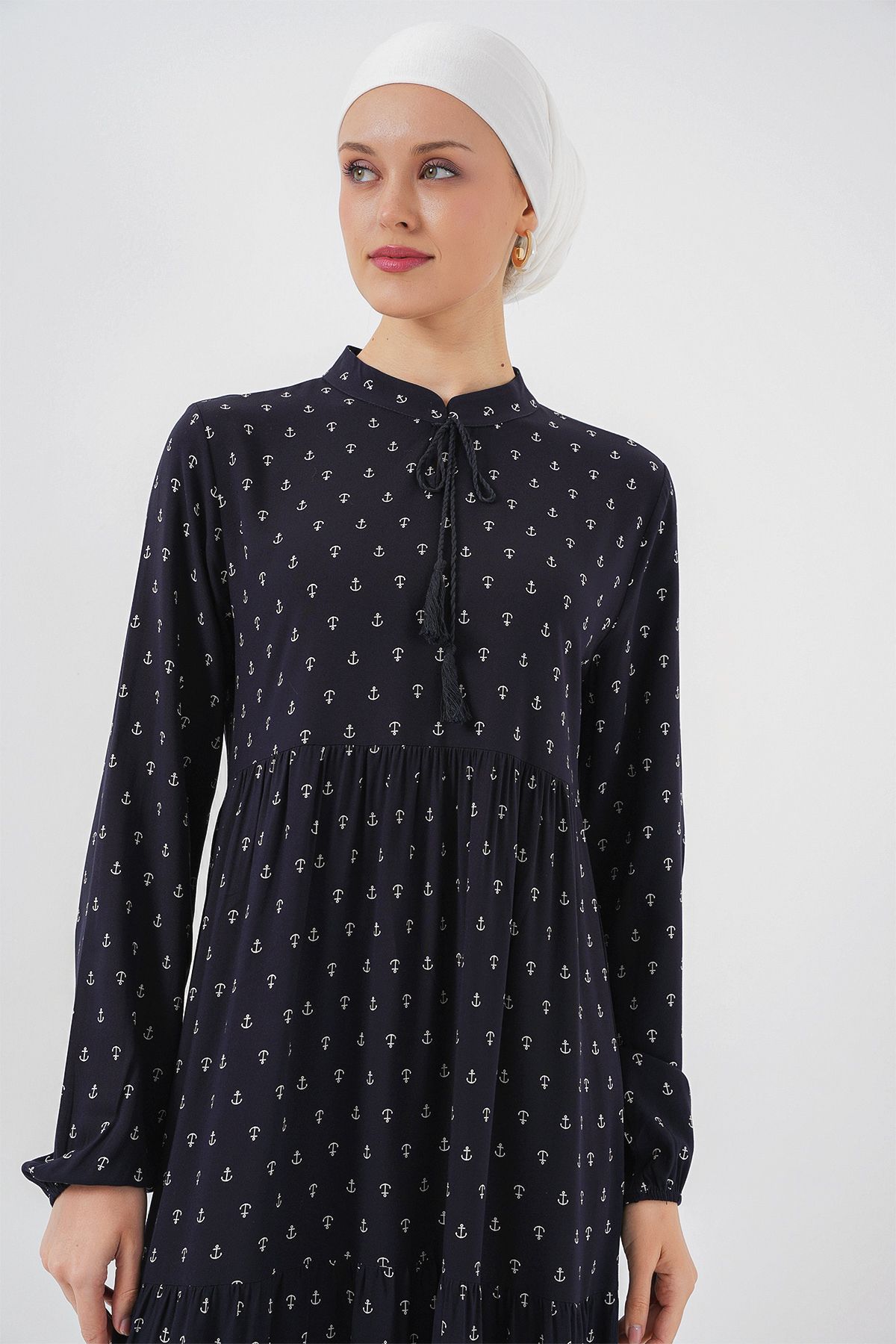 Bigdart-1627 Rochie Hijab cu șireturi - Albastru Marin 4