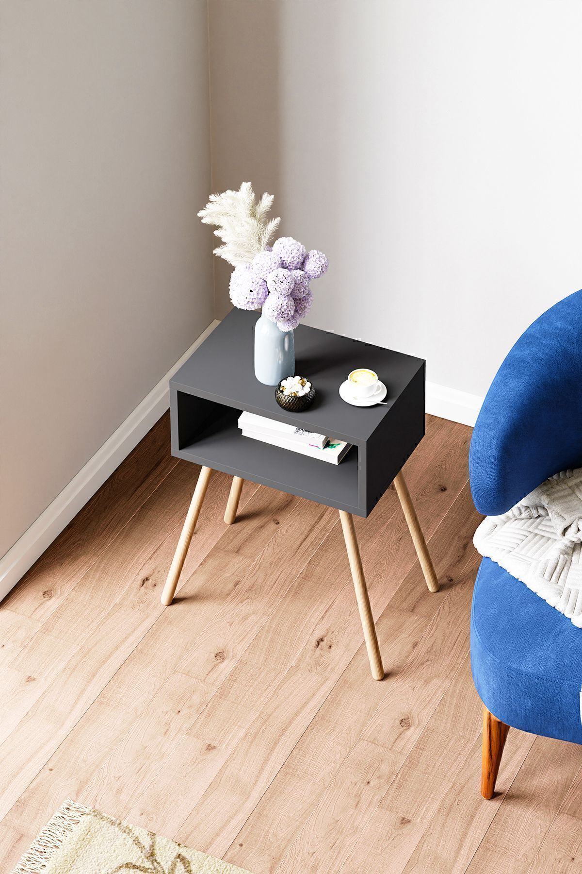 interGO-Nightstand With Wooden Legs, Simple - Gray 1
