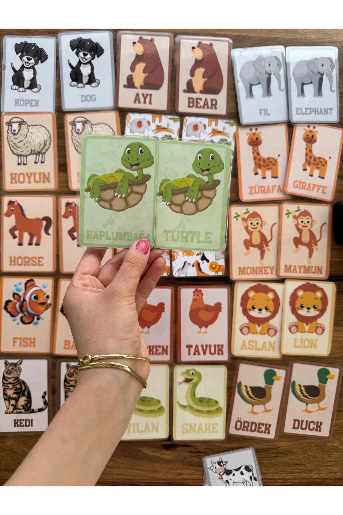 کارت‌های جفت‌کردنی آموزشی ترکی-انگلیسی حافظه حیوانات (پاره نشدنی و ضد پارگی)