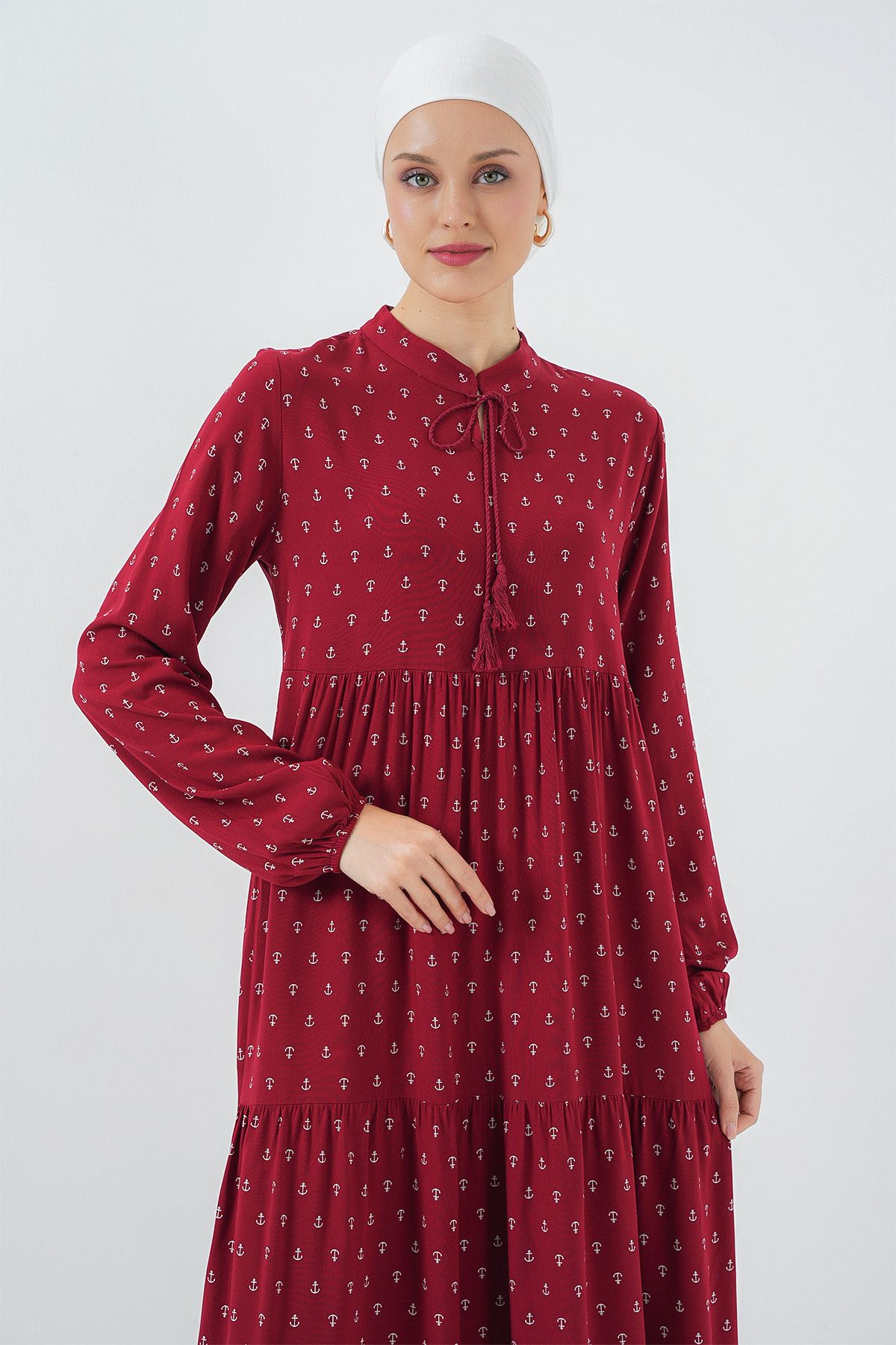 Bigdart-1627 Collar Lace-Up Hijab Dress - Claret Red 4