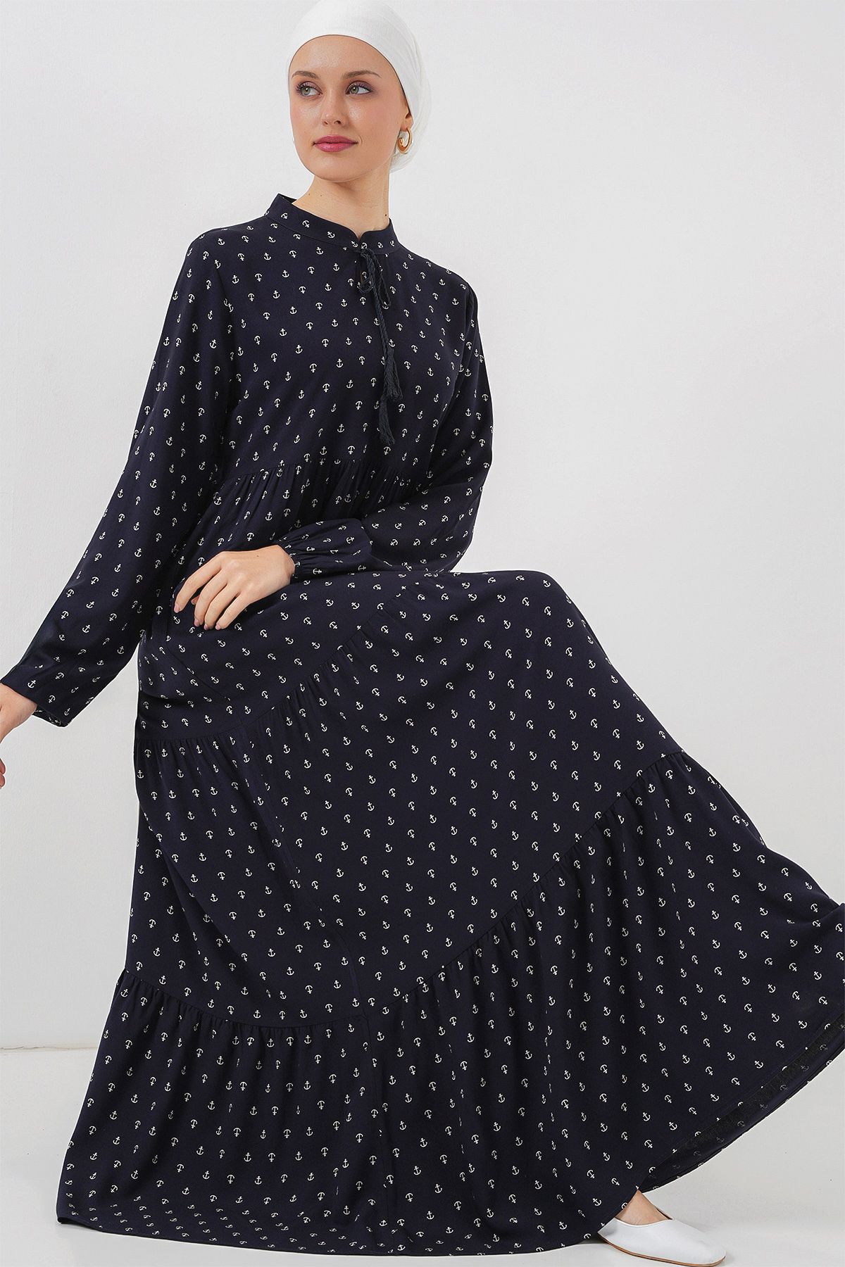 Bigdart-1627 Rochie Hijab cu șireturi - Albastru Marin 2