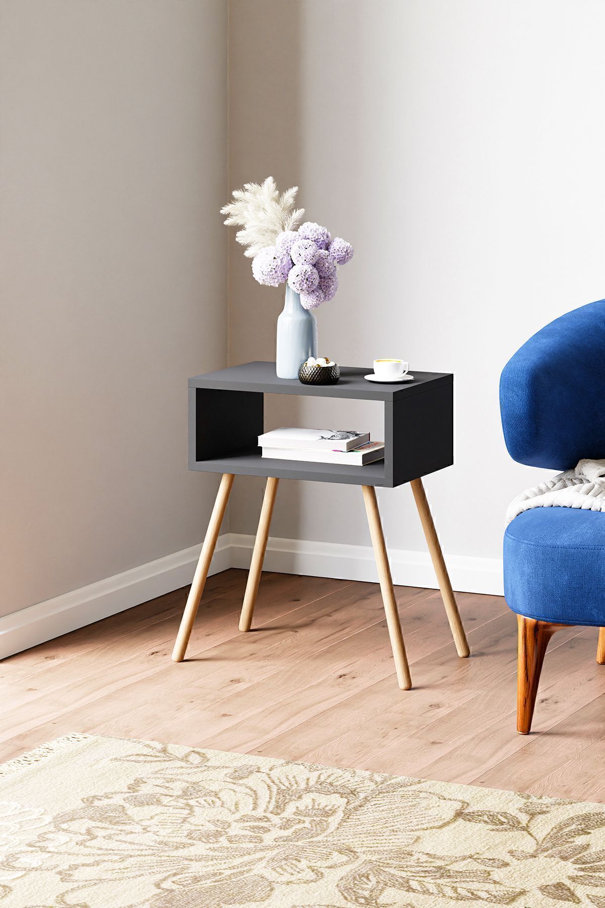interGO-Nightstand With Wooden Legs, Simple - Gray 2