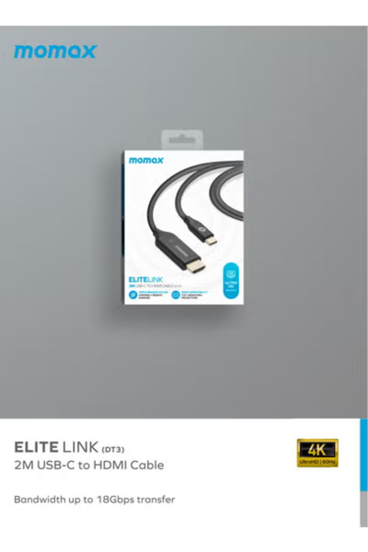 Momax-Momax Elite Link USB-C to HDMI 4K 2.0 Cable 2 Meter Bandwidth up to 18Gbps Connector Black 3