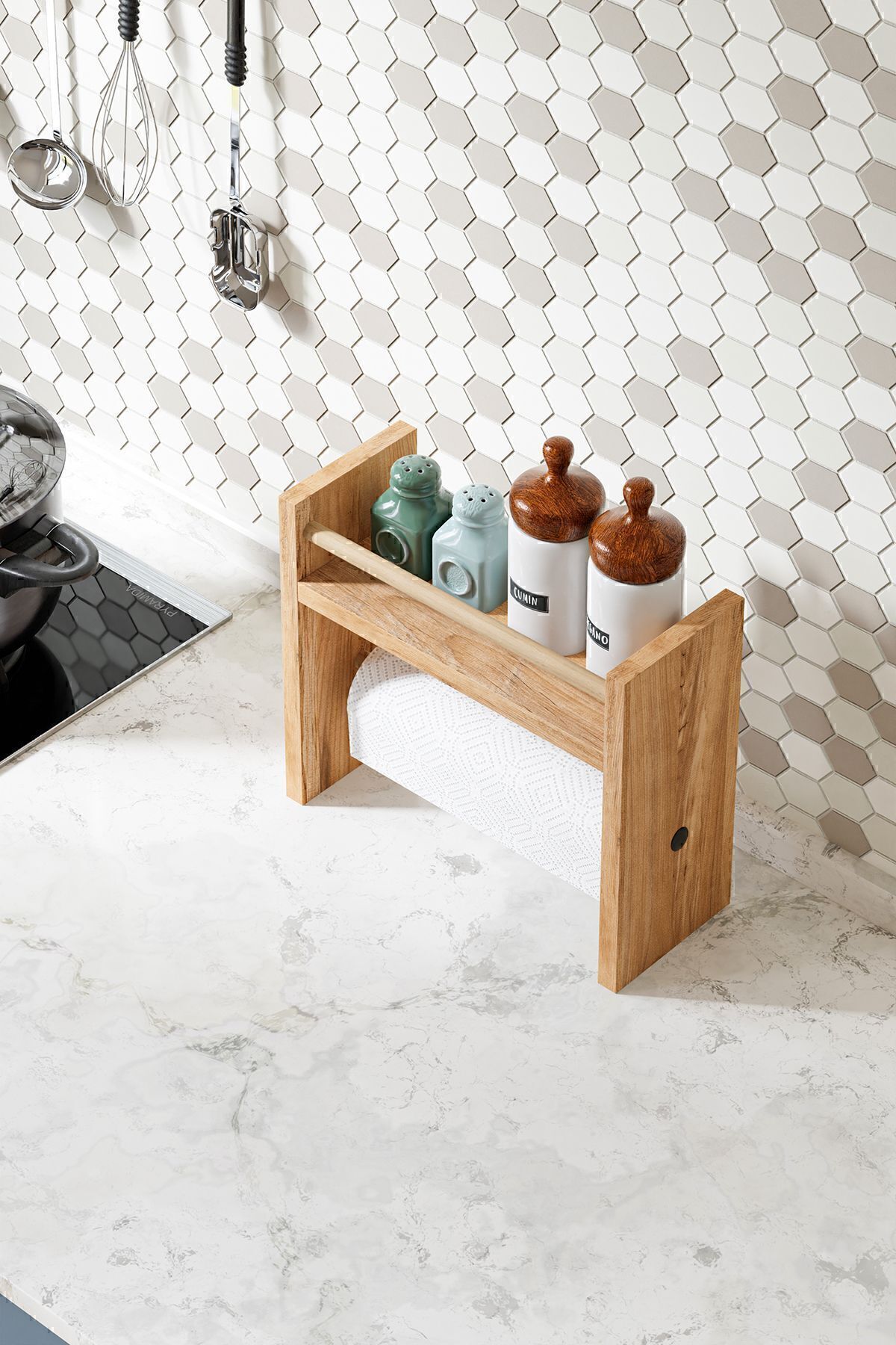 interGO-Spice Rack With Paper Roll Holder - Atlantic Pine Pattern 3
