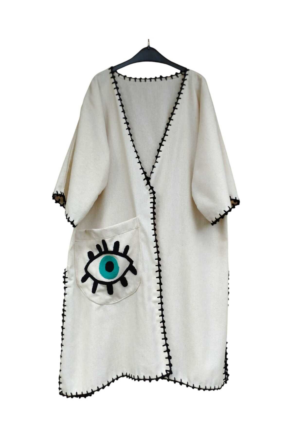 sinkop Dokuma kumaştan göz motifli el işlemesi cepli bohem etnik otantik kaftan kimono ceket pareo