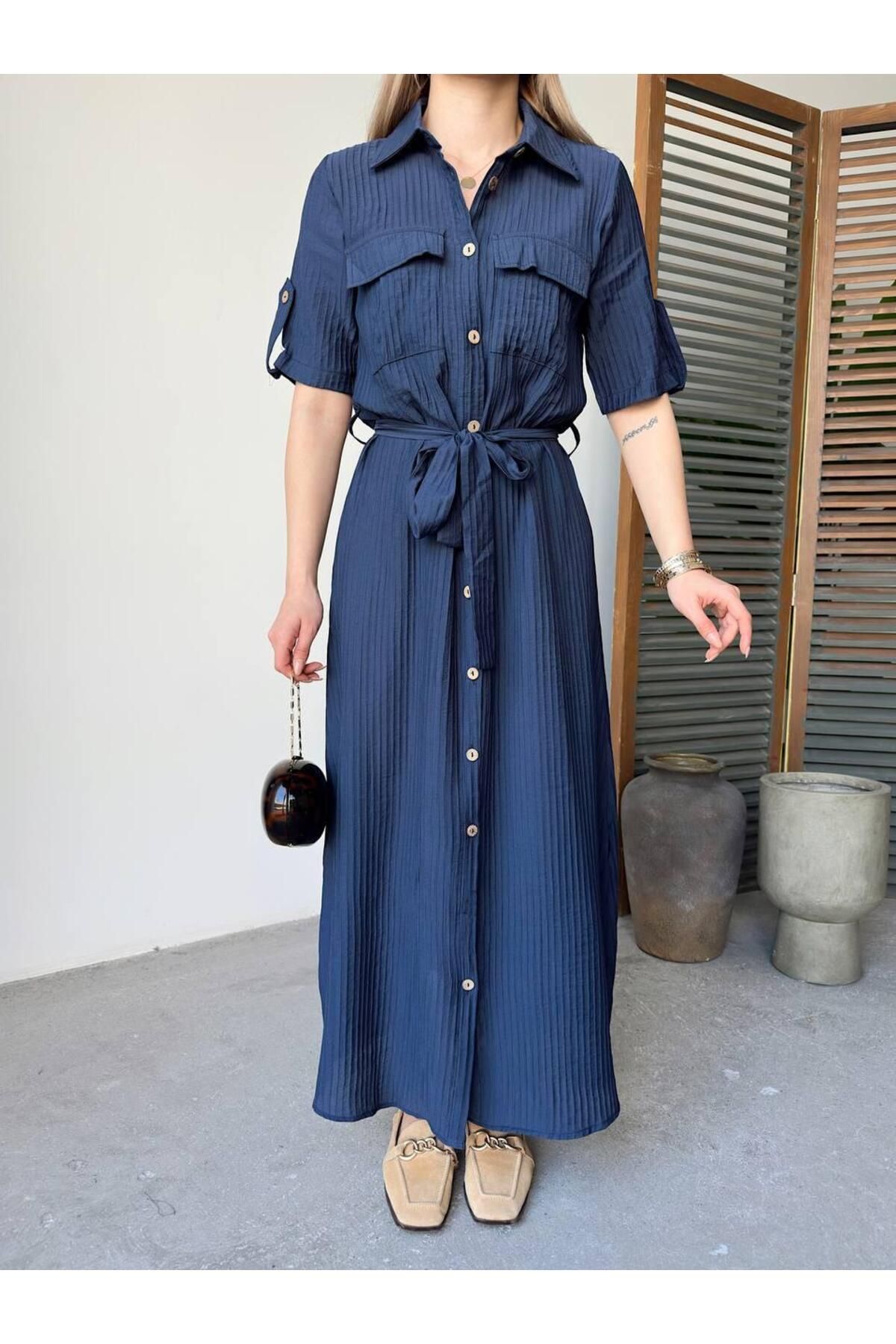 LE CARAMBOLE-Women's Navy Blue Polo Neck Pocket Belted Front Button Long Dress 7