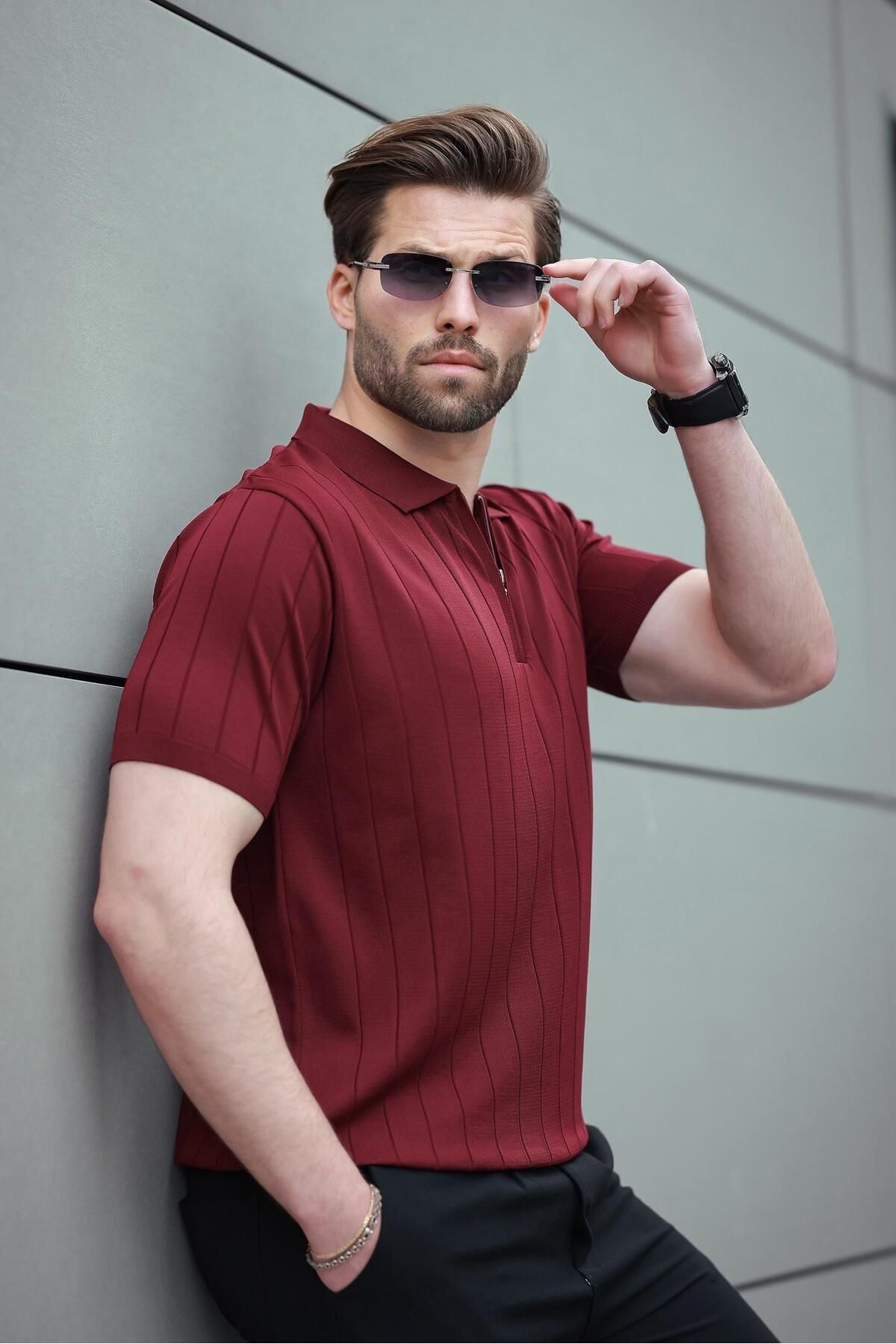 Madmext-Claret Red Polo Neck Zippered Men's T-Shirt E7298 3