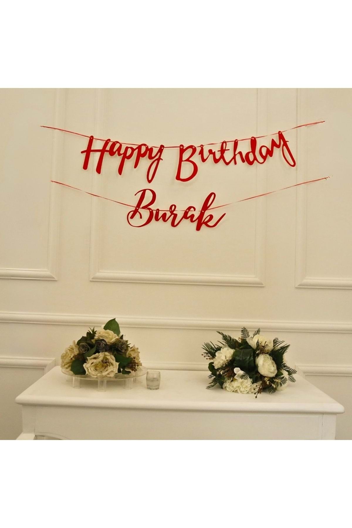 Organizasyon Pazarı Kişiye Özel Simli Kırmızı Renkli Happy Birthday El Yazısı Banner