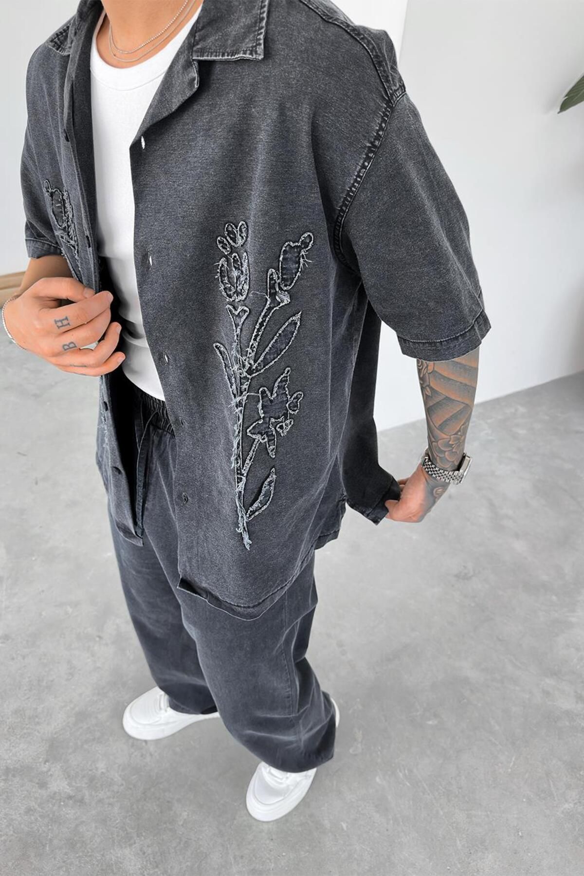 HAFKAGİYİM-Anthracite Premium Patterned Short Sleeve Shirt 2