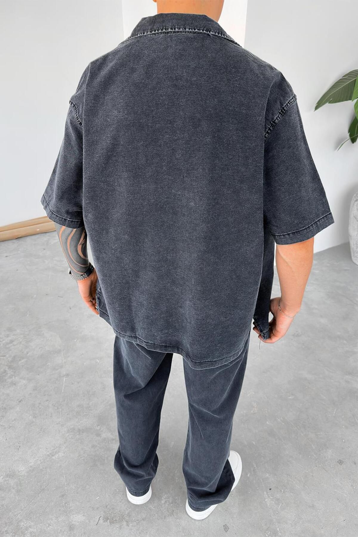 HAFKAGİYİM-Anthracite Premium Patterned Short Sleeve Shirt 3