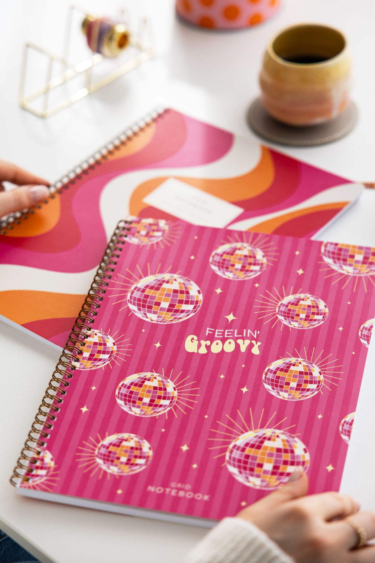 PAPERORA-A4 Spiral Cardboard Cover Set of 2 Checkered School Notebook 80 Sheets, Retro Disco with Lesson Schedule 3