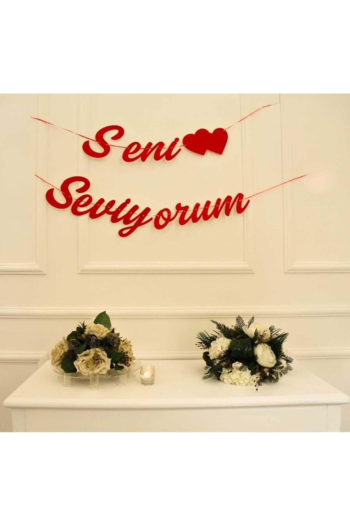 Organizasyon Pazarı Simli Kırmızı Renkli Seni Seviyorum El Yazısı Banner Duvar Süsü