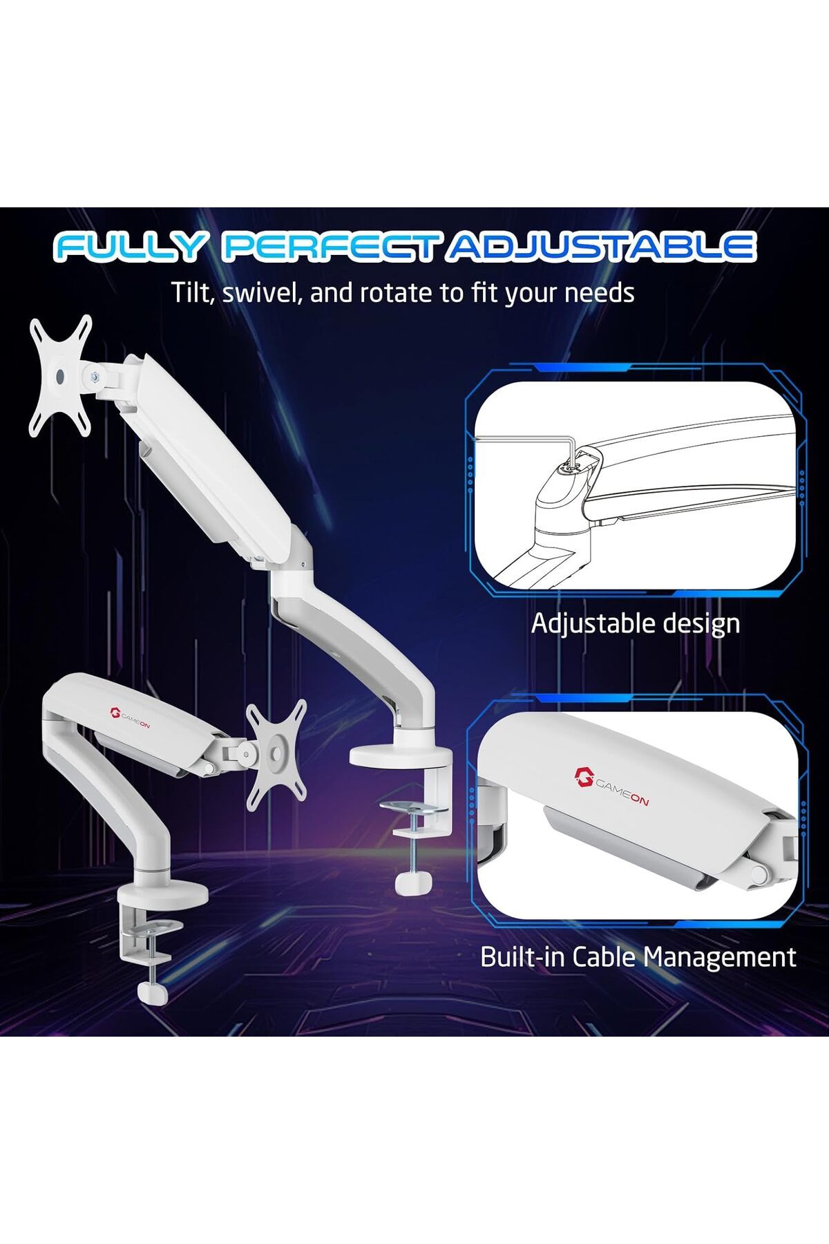 GAMEON-GO-5400 Mechanical Spring, Single Monitor Arm For Gaming And Office Use, Supports 17" - 32”, White 5